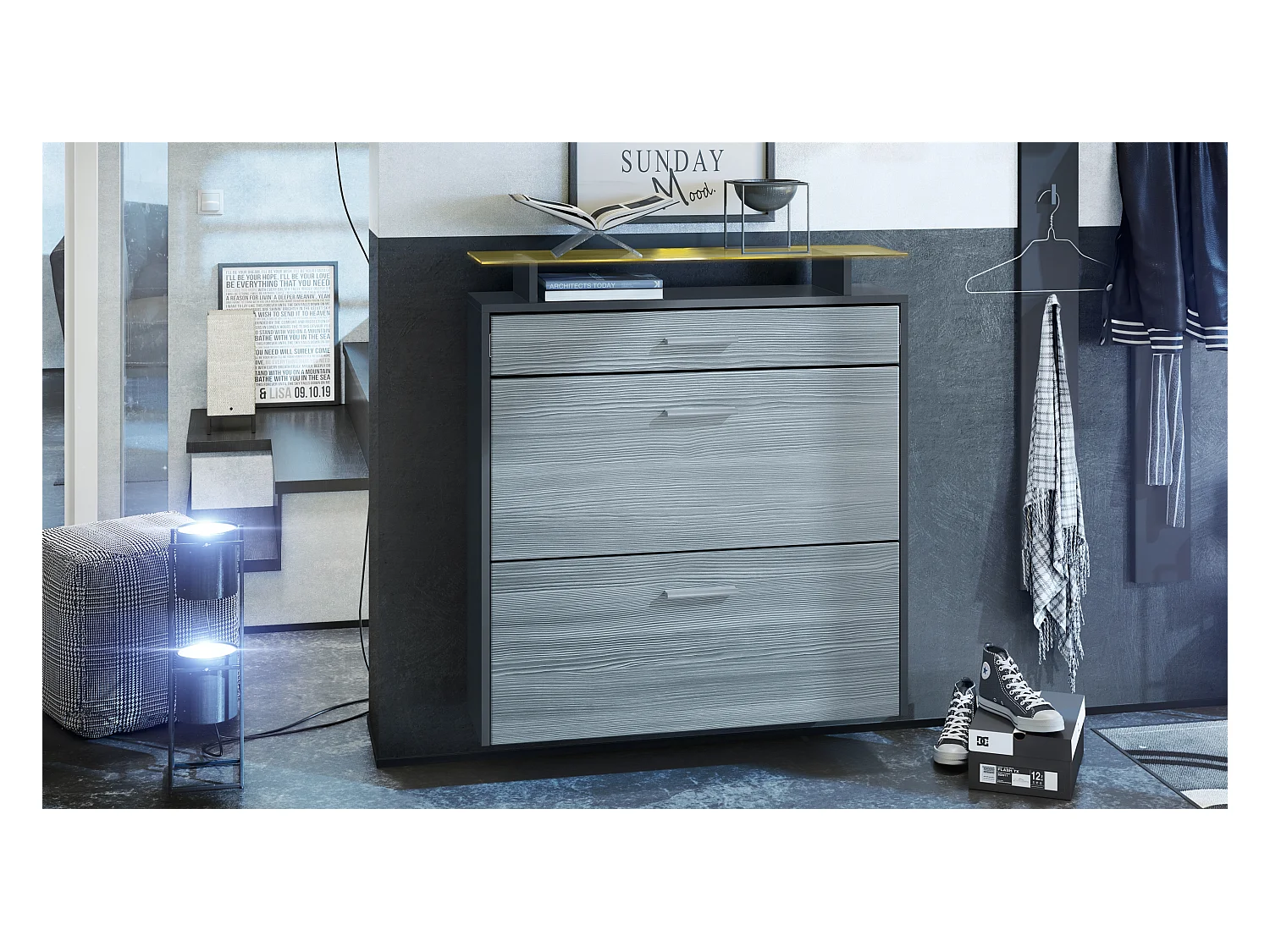 Armoire à chaussures Malea de , anthracite mat/denim mat y compris LED - basculeur à chaussures suspendu pour 16 paires de chaussures (89 x 96 x 23 cm)