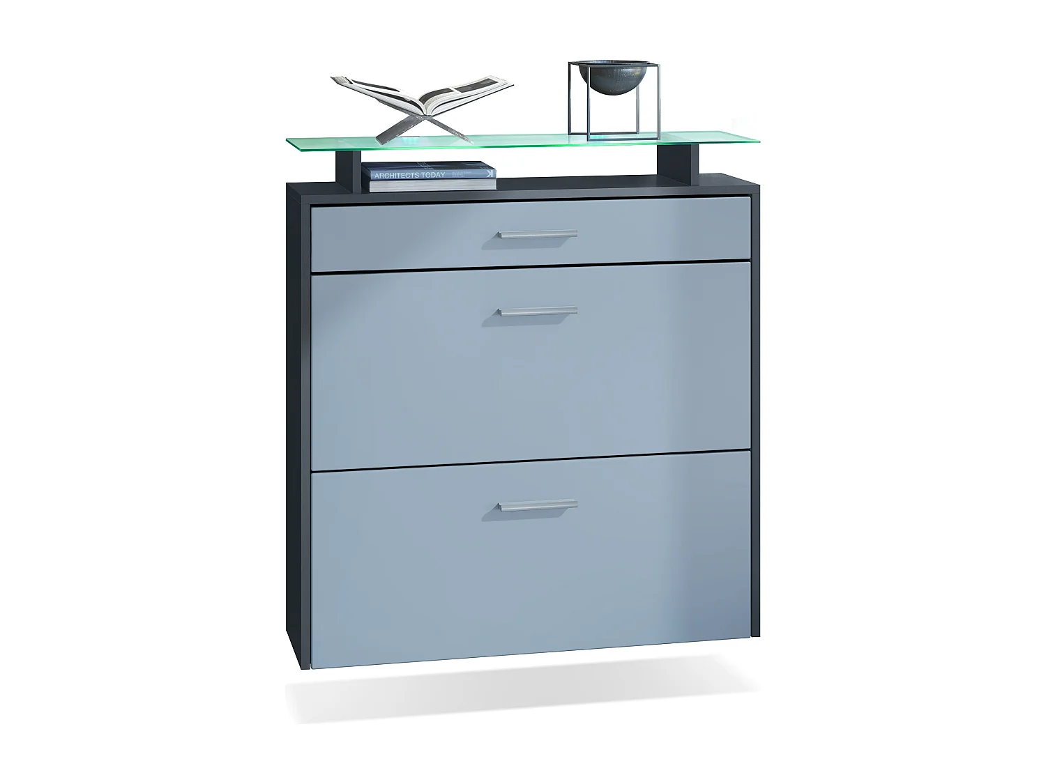 Scarpiera Vladon Malea, antracite opaco /denim opaco incl. LED - carrello appeso per 16 paia di scarpe (89 x 96 x 23 cm)