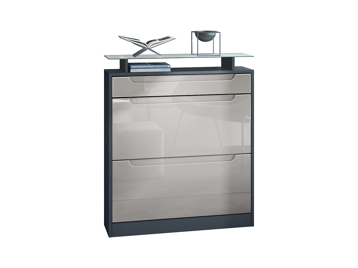 Meuble chaussure Fiesta pour 16 paires de chaussures, avec tablette en verre, Anthracite mat/Gris sable brillant, poignées Gris sable brillant (89x104x23 cm)