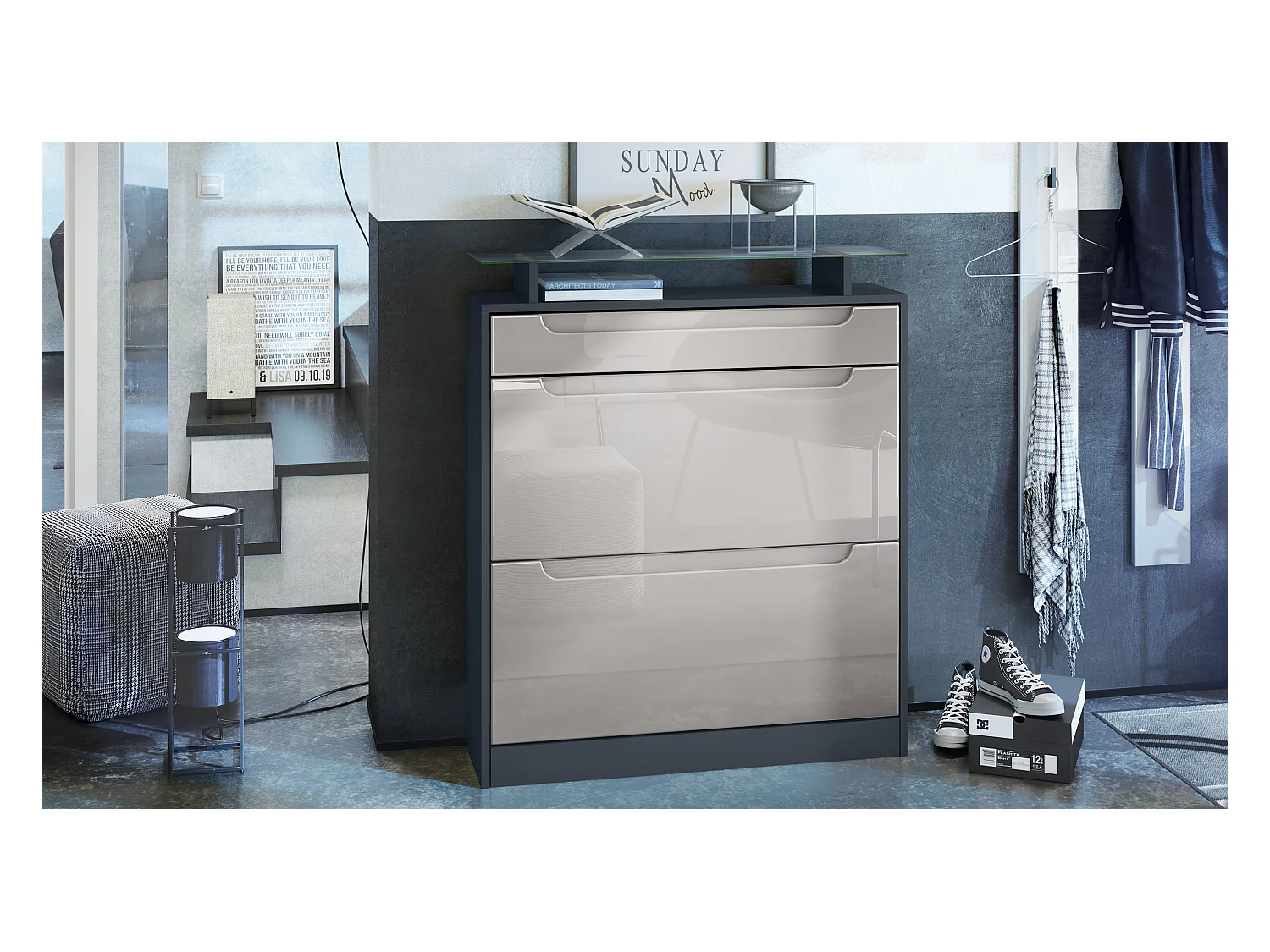 Meuble chaussure Fiesta pour 16 paires de chaussures, avec tablette en verre, Anthracite mat/Gris sable brillant, poignées Gris sable brillant (89x104x23 cm)