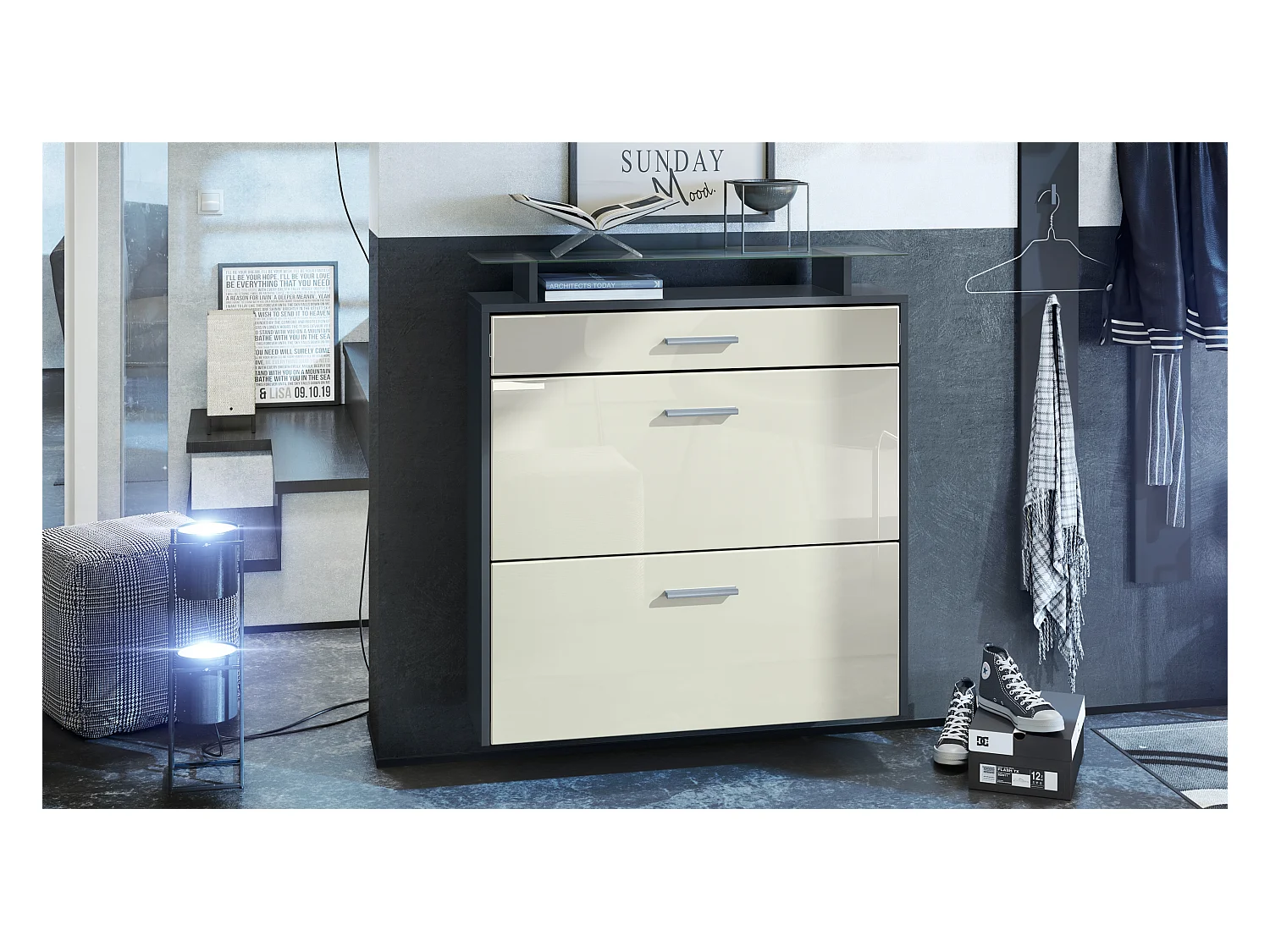 Mueble zapatero Vladon Malea, antracita mate/crema de alto brillo - carro zapatero colgante para 16 pares de zapatos (89 x 96 x 23 cm)