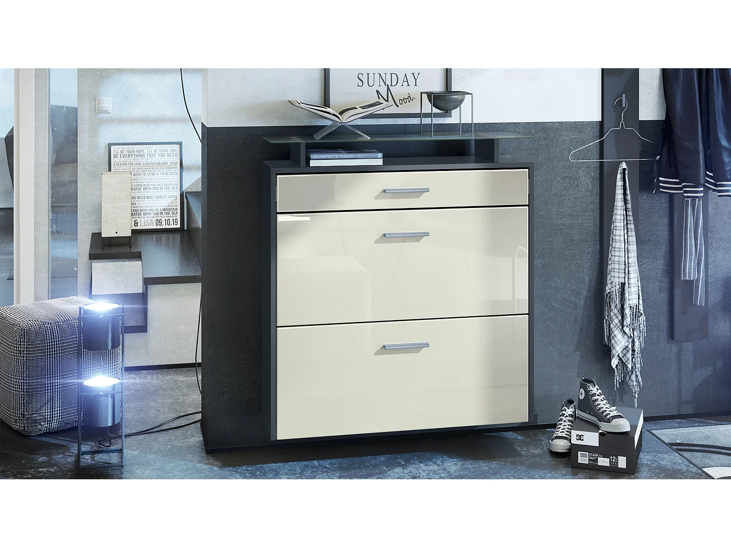 Scarpiera Vladon Malea, antracite opaco /beige lucido - carrello appeso per 16 paia di scarpe (89 x 96 x 23 cm)