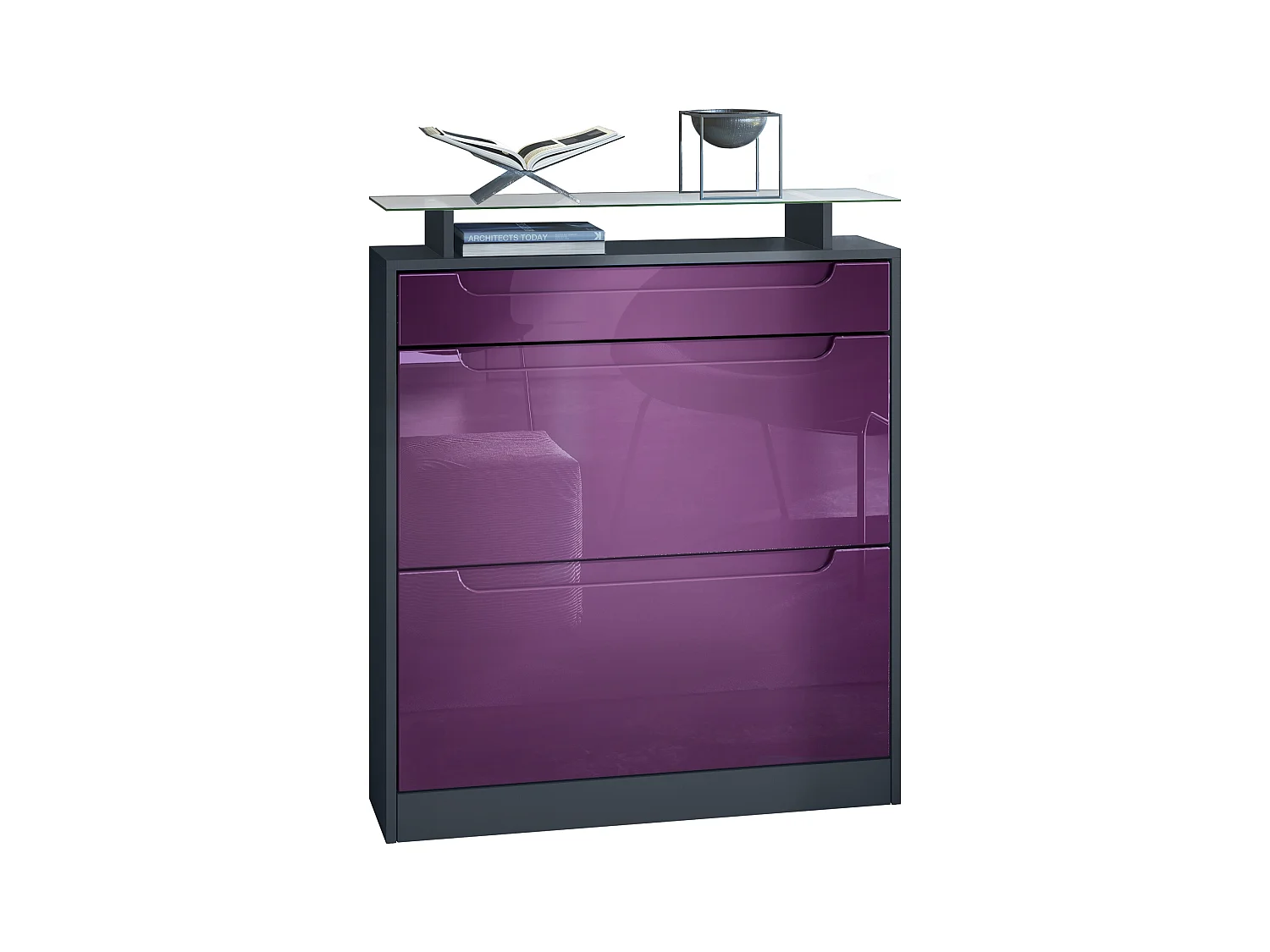 Meuble chaussure Fiesta pour 16 paires de chaussures avec clapets et tablette en verre, Anthracite mat/Mûre brillant, poignées Mûre brillant (89x104x23 cm)