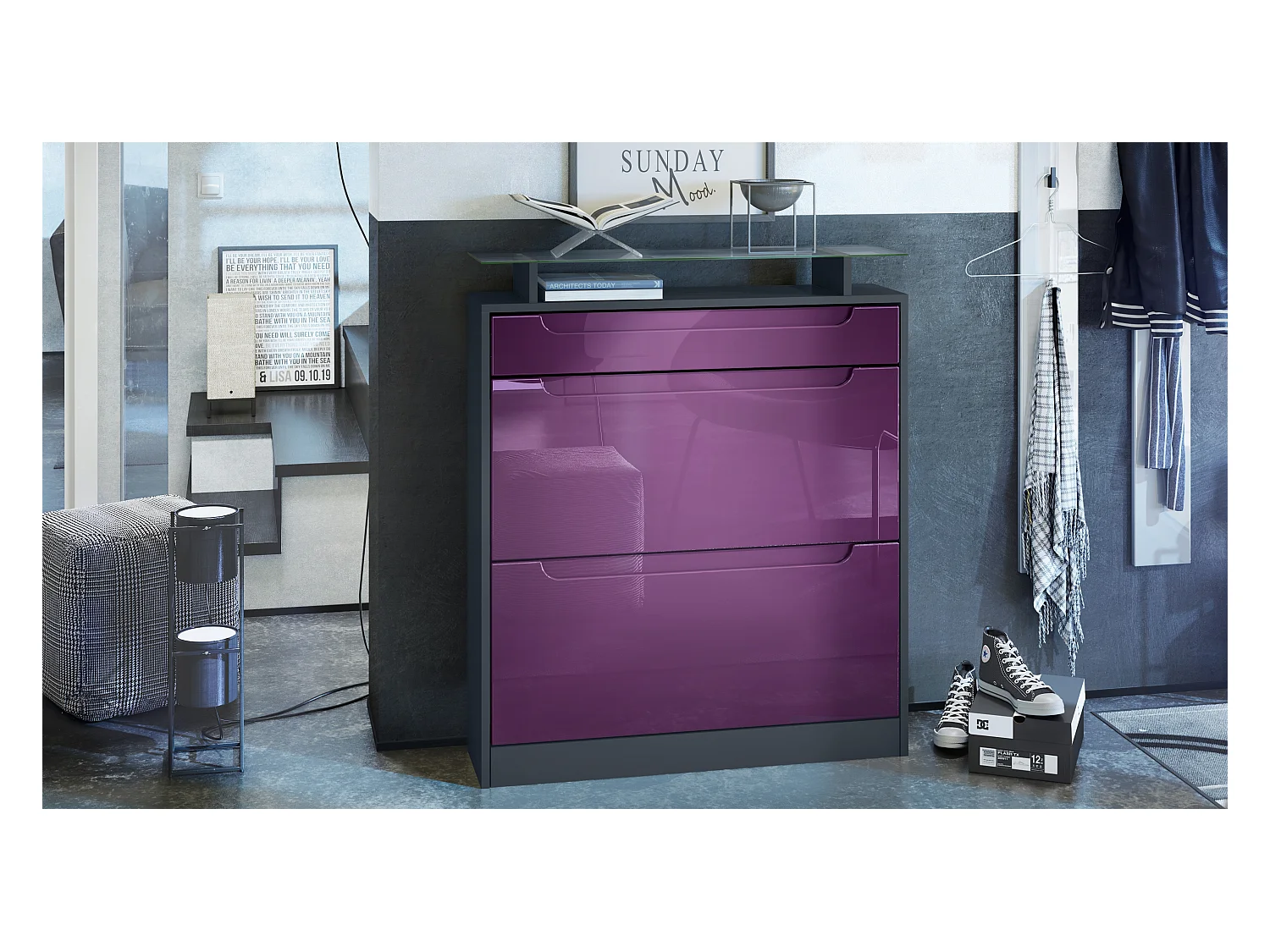 Meuble chaussure Fiesta pour 16 paires de chaussures avec clapets et tablette en verre, Anthracite mat/Mûre brillant, poignées Mûre brillant (89x104x23 cm)