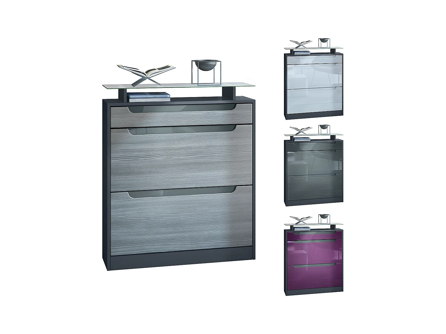 Meuble chaussure Fiesta pour 16 paires de chaussures avec clapets et tablette en verre, Anthracite mat/Mûre brillant, poignées Mûre brillant (89x104x23 cm)