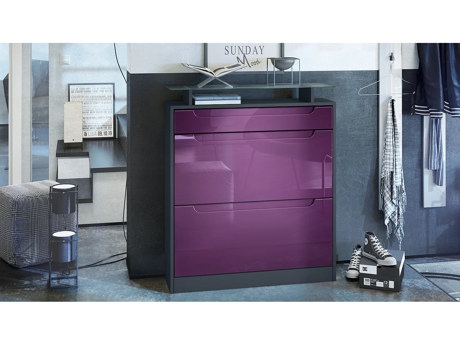 Scarpiera  Fiesta per 16 paia di scarpe con 2 ante a ribalta e ripiano in vetro, antracite/ lampone lucido, maniglie incassate in lampone lucido (89 x 104 x 23 cm)