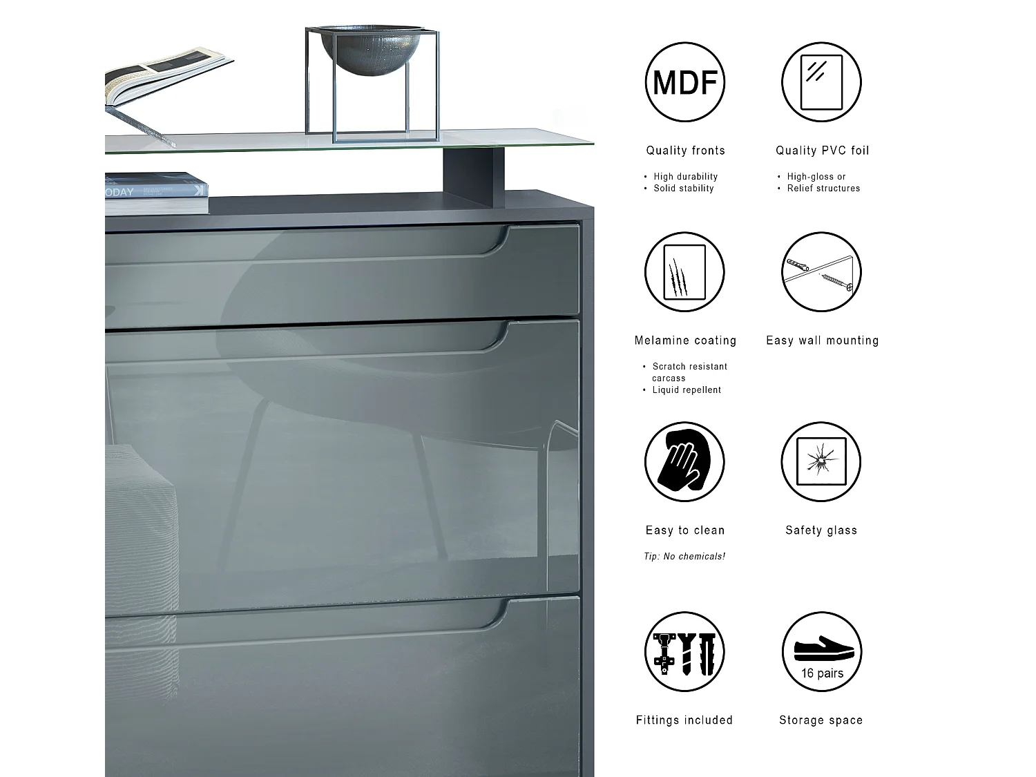 Scarpiera  Fiesta per 16 paia di scarpe con 2 ante a ribalta e ripiano in vetro, antracite/ lampone lucido, maniglie incassate in lampone lucido (89 x 104 x 23 cm)