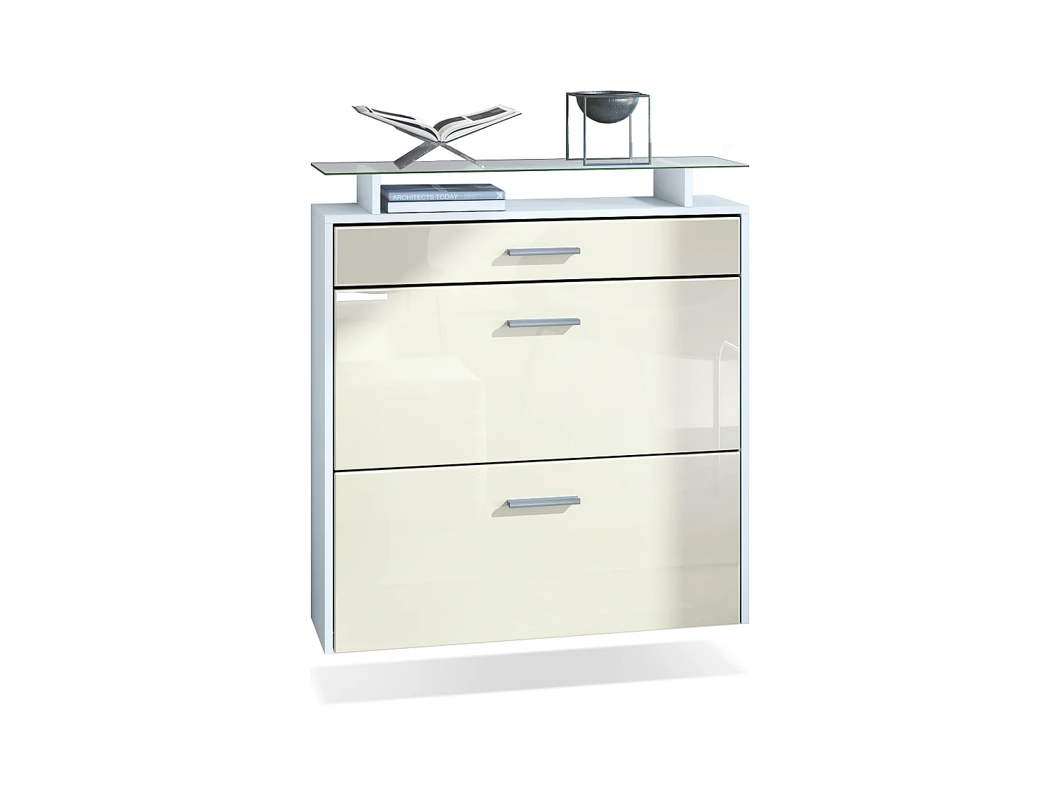 Meuble chaussures Malea, Armoire à chaussures murale pour 16 paires avec 2 clapets, 1 tiroir, Blanc mat/Crème brillant (89 x 96 x 23 cm)