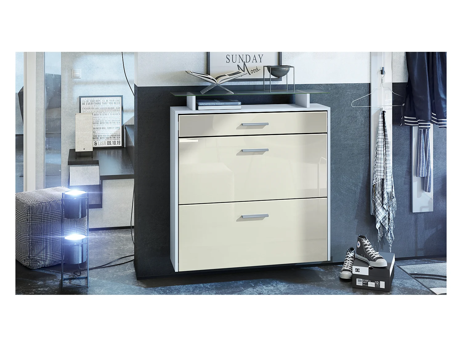 Meuble chaussures Malea, Armoire à chaussures murale pour 16 paires avec 2 clapets, 1 tiroir, Blanc mat/Crème brillant (89 x 96 x 23 cm)