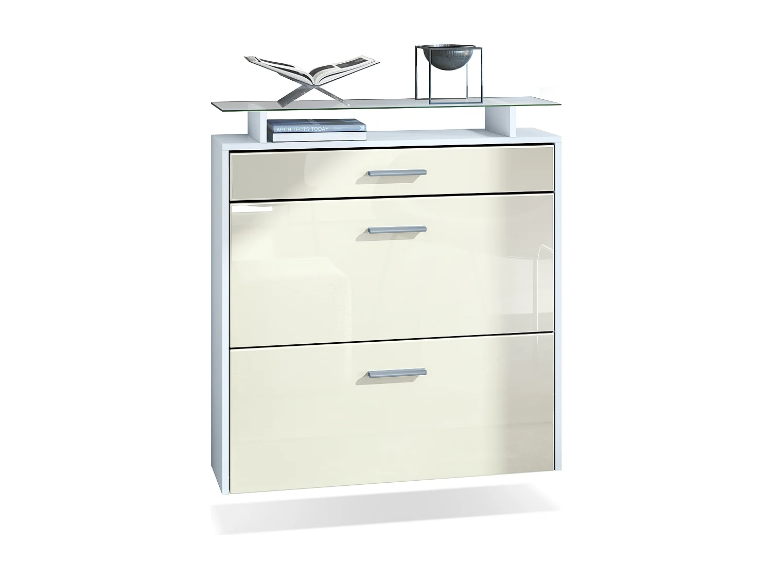 Meuble chaussures Malea, Armoire à chaussures murale pour 16 paires avec 2 clapets, 1 tiroir, Blanc mat/Crème brillant (89 x 96 x 23 cm)