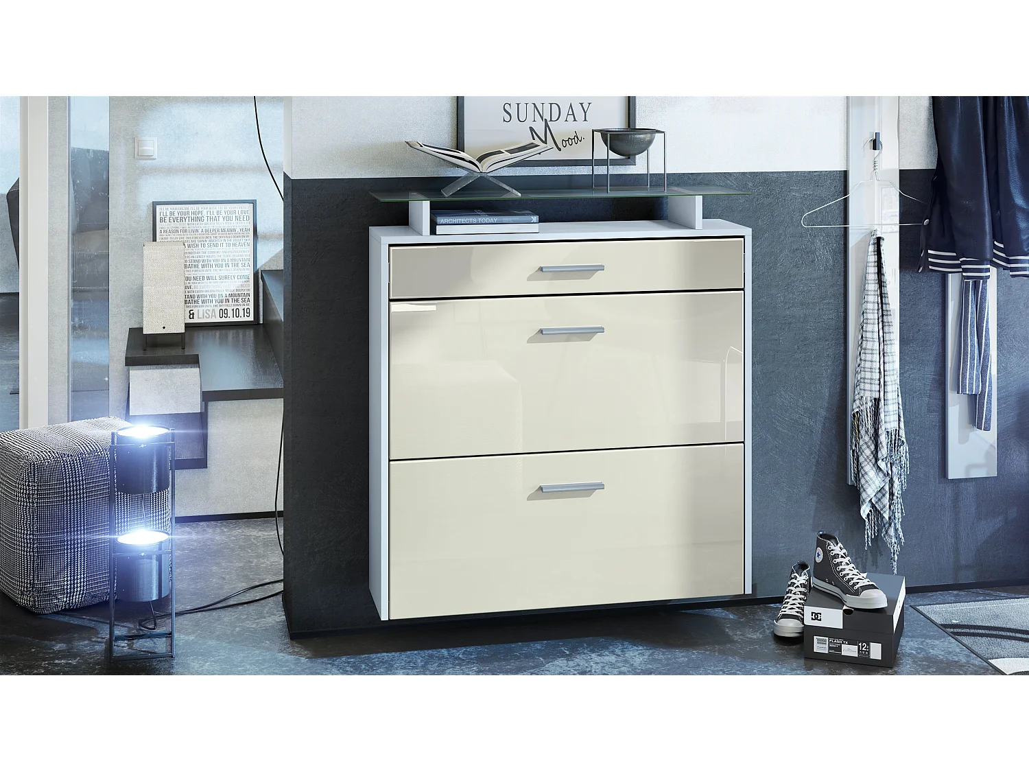 Meuble chaussures Malea, Armoire à chaussures murale pour 16 paires avec 2 clapets, 1 tiroir, Blanc mat/Crème brillant (89 x 96 x 23 cm)