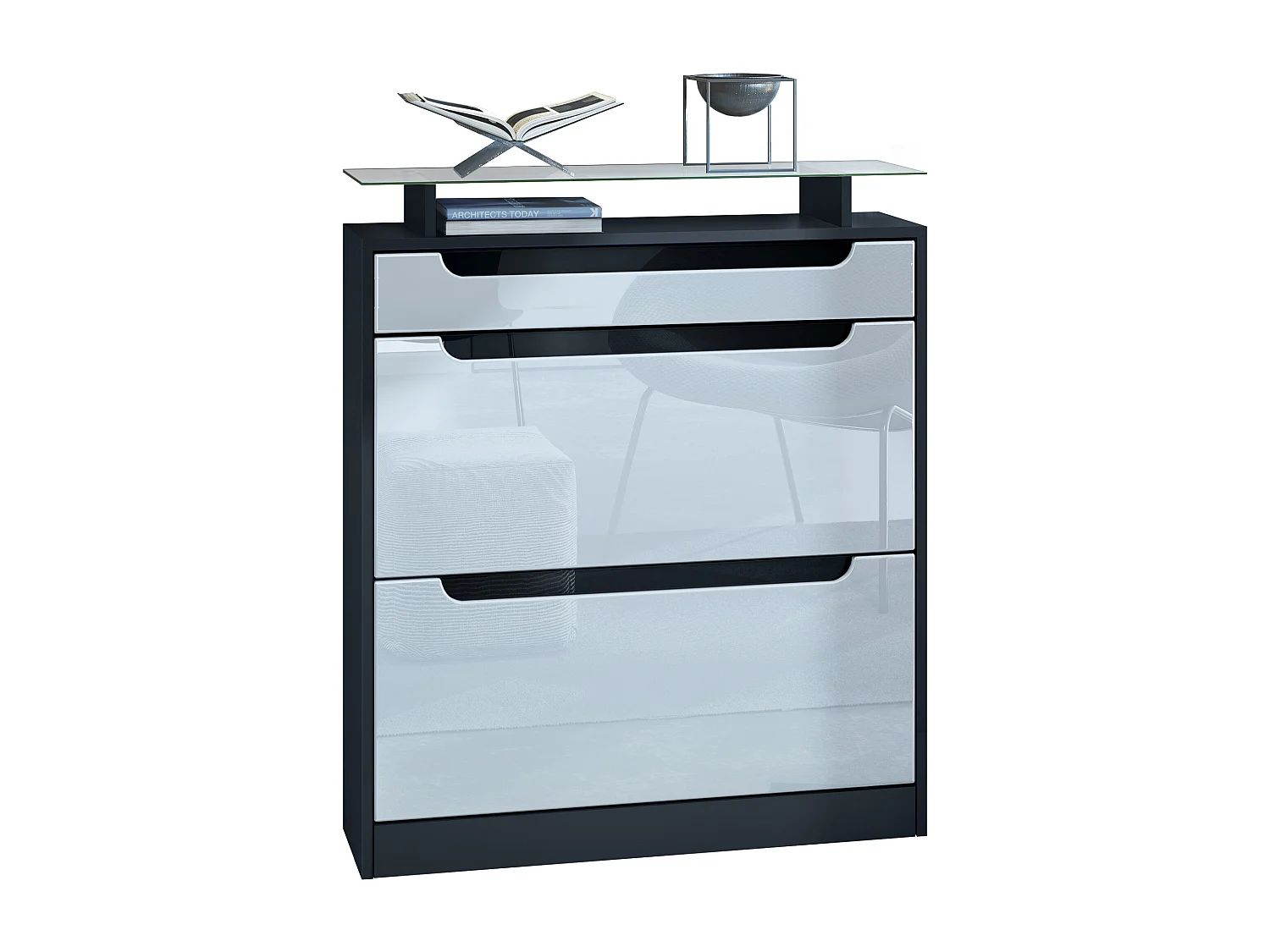 SCHUHSCHRANK Fiesta Weiß Hochglanz / Schwarz Hochglanz