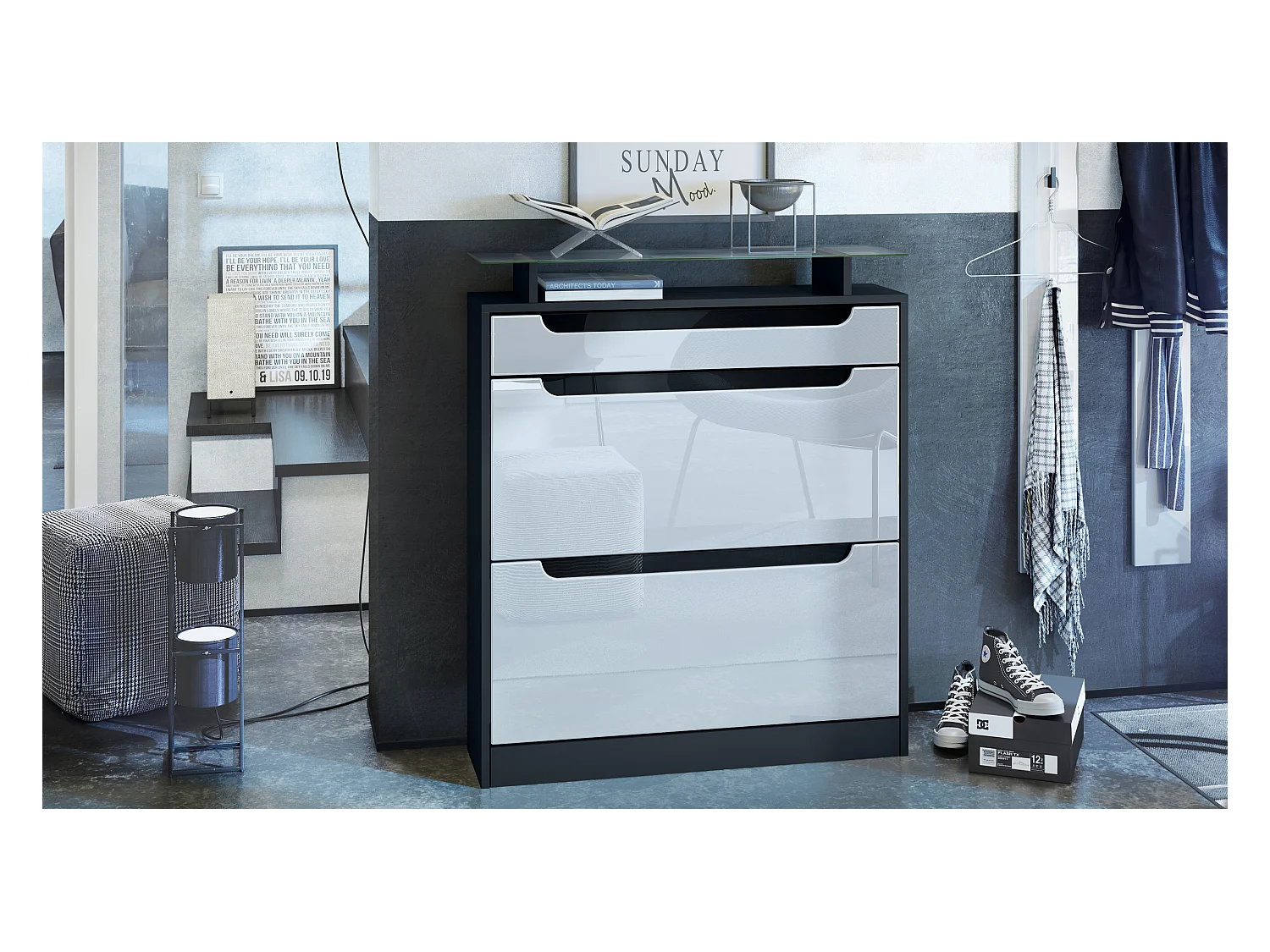 SCHUHSCHRANK Fiesta Weiß Hochglanz / Schwarz Hochglanz