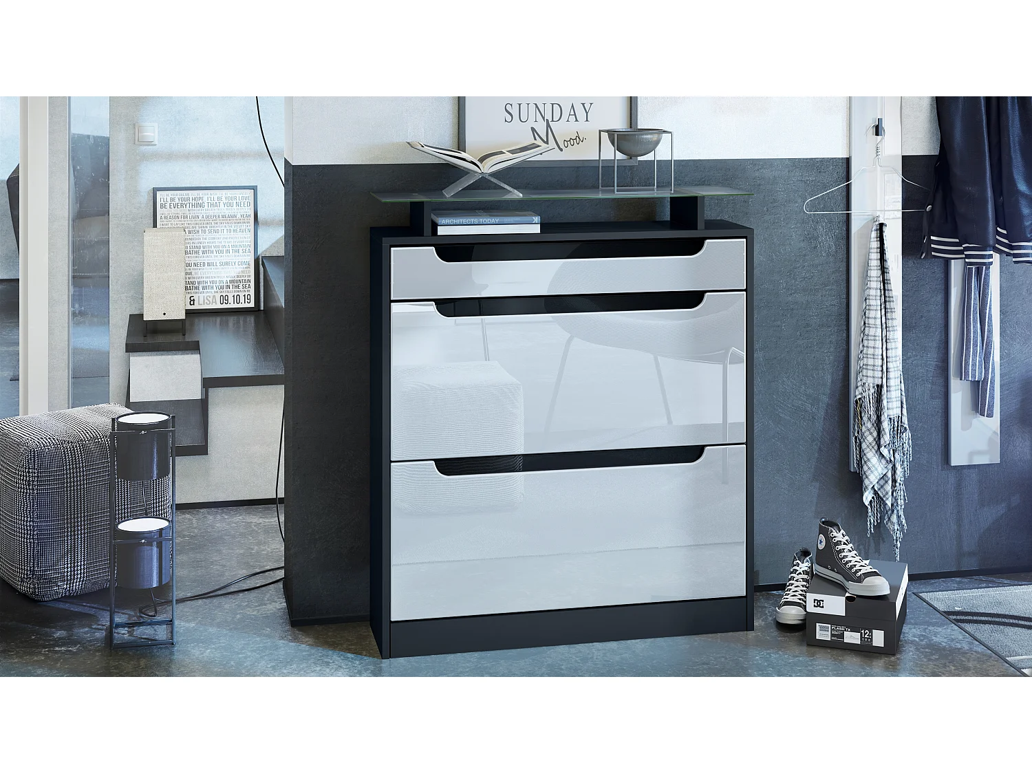 Vladon Scarpiera Fiesta, nero opaco/bianco lucido/nero lucido - ribaltabile per 16 paia di scarpe (89 x 104 x 23 cm)