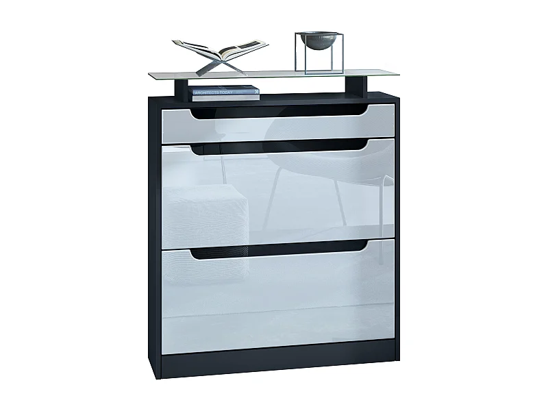 Armoire à chaussures Fiesta, noir mat/blanc haute brillance/noir haute brillance - basculeur pour 16 paires de chaussures (89 x 104 x 23 cm)