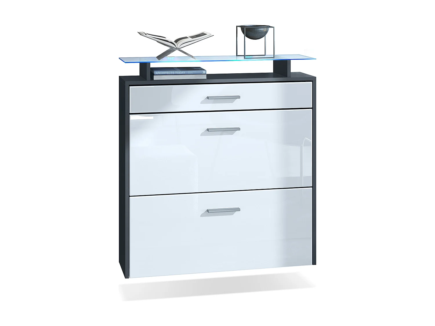 Scarpiera Vladon Malea, antracite opaco /bianco lucido incl. LED - carrello appeso per 16 paia di scarpe (89 x 96 x 23 cm)