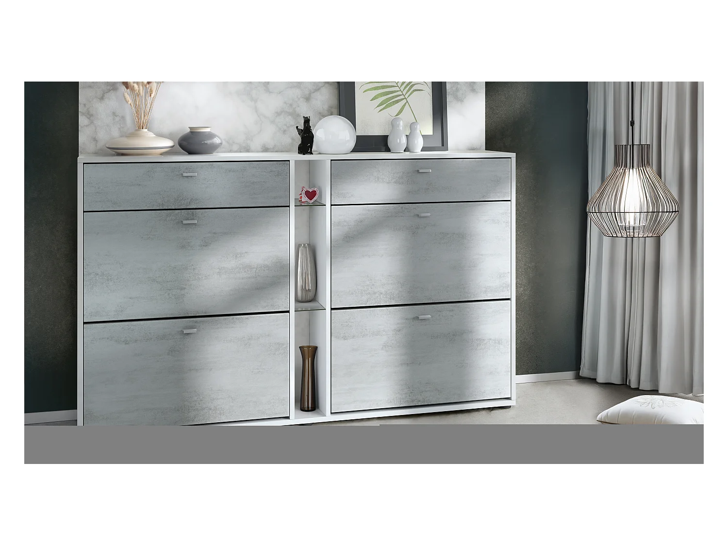 Meuble à chaussures à bascule Today 155,5 x 95 x 28 cm, corps en Blanc mat, façades en aspect béton oxyde