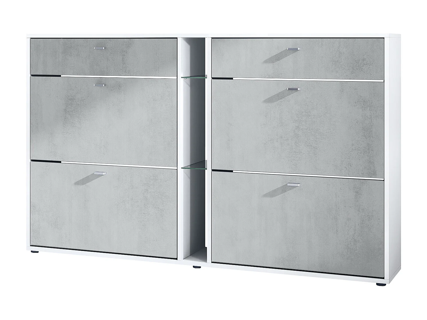 Scarpiera Today con 4 ante e 2 cassetti 155,5 x 95 x 28 cm, struttura in bianco opaco, frontali in ottica cermento ossido