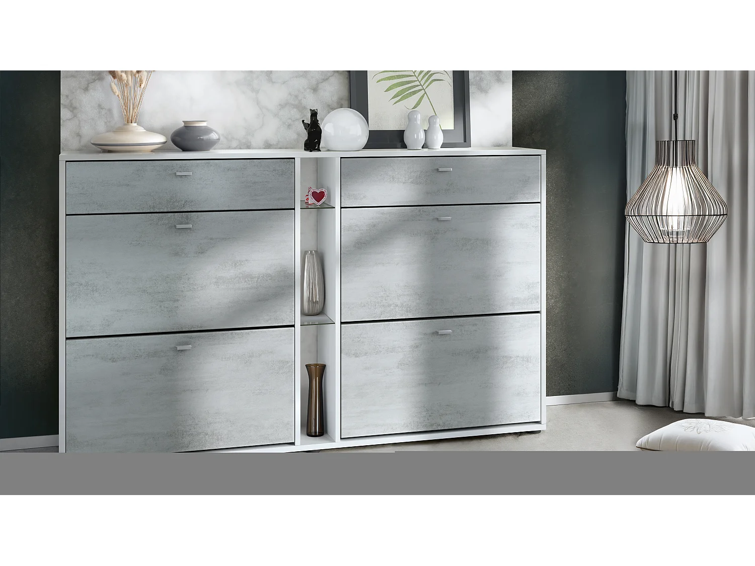 Scarpiera Today con 4 ante e 2 cassetti 155,5 x 95 x 28 cm, struttura in bianco opaco, frontali in ottica cermento ossido