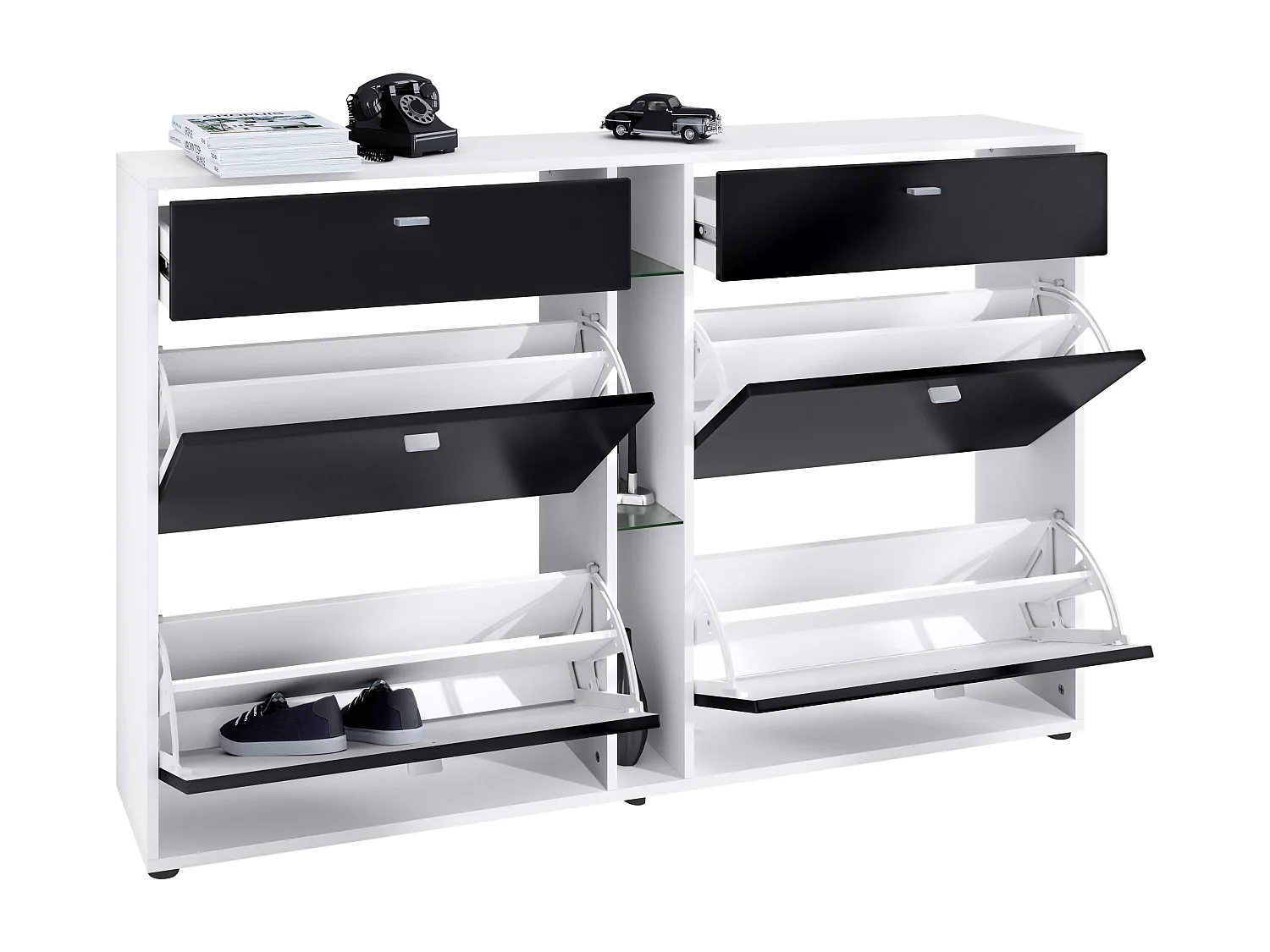 Scarpiera Today con 4 ante e 2 cassetti 155,5 x 95 x 28 cm, struttura in bianco opaco, frontali in ottica cermento ossido