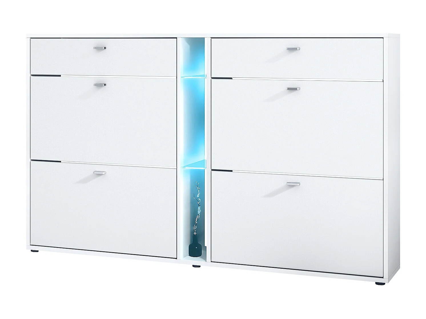 Meuble à chaussures à bascule Today 155,5 x 95 x 28 cm, avec un éclairage LED bleu, corps en Blanc mat, façades en blanc mat