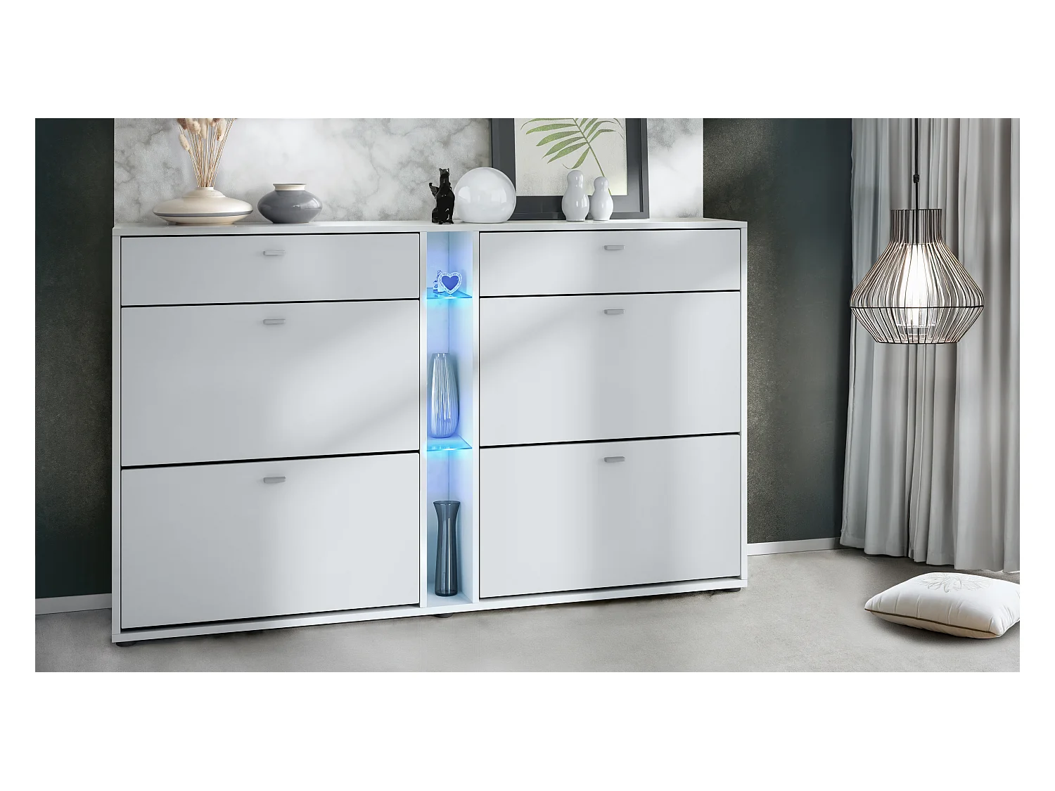 Meuble à chaussures à bascule Today 155,5 x 95 x 28 cm, avec un éclairage LED bleu, corps en Blanc mat, façades en blanc mat