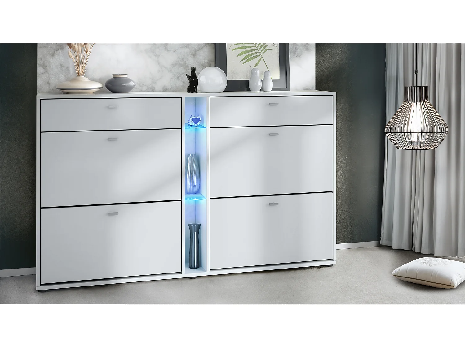 Meuble à chaussures à bascule Today 155,5 x 95 x 28 cm, avec un éclairage LED bleu, corps en Blanc mat, façades en blanc mat