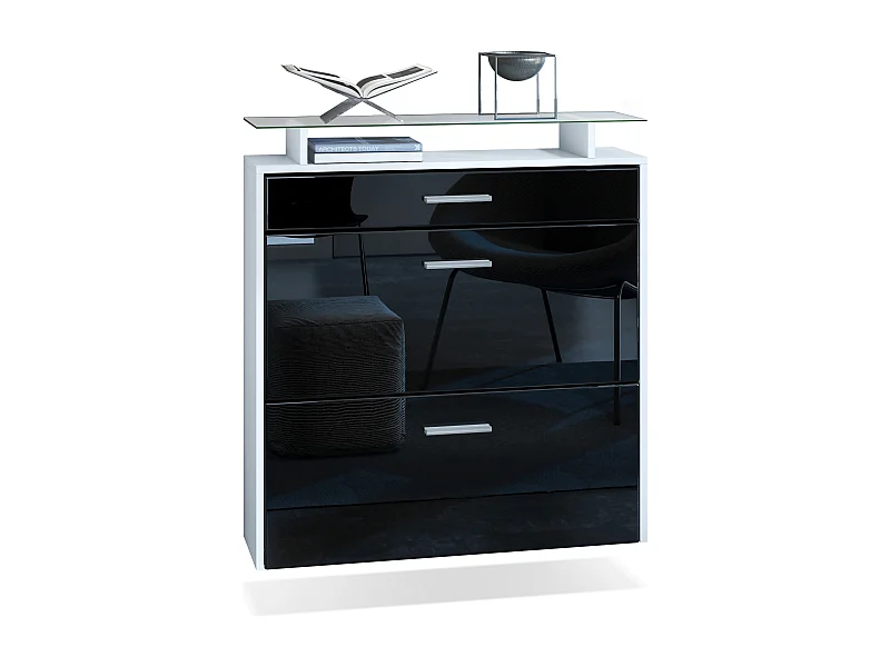 Meuble chaussures Malea, Armoire à chaussures murale pour 16 paires avec 2 clapets, 1 tiroir, Blanc mat/Noir brillant (89 x 96 x 23 cm)