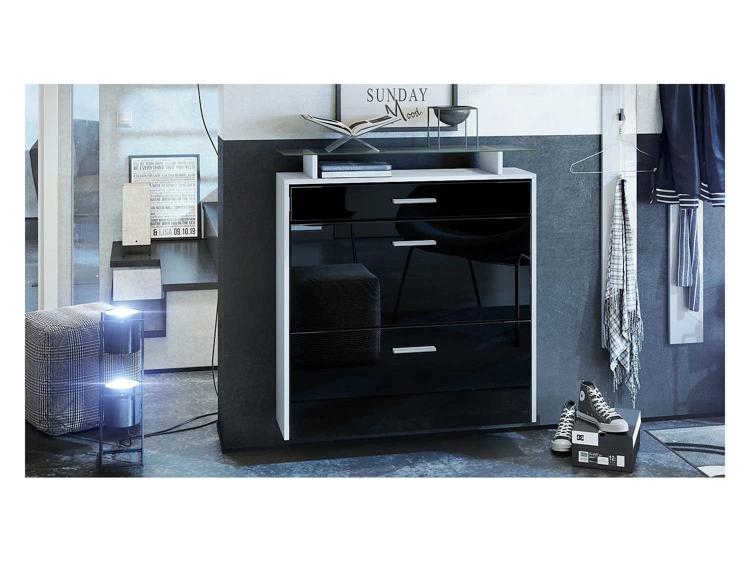 Meuble chaussures Malea, Armoire à chaussures murale pour 16 paires avec 2 clapets, 1 tiroir, Blanc mat/Noir brillant (89 x 96 x 23 cm)