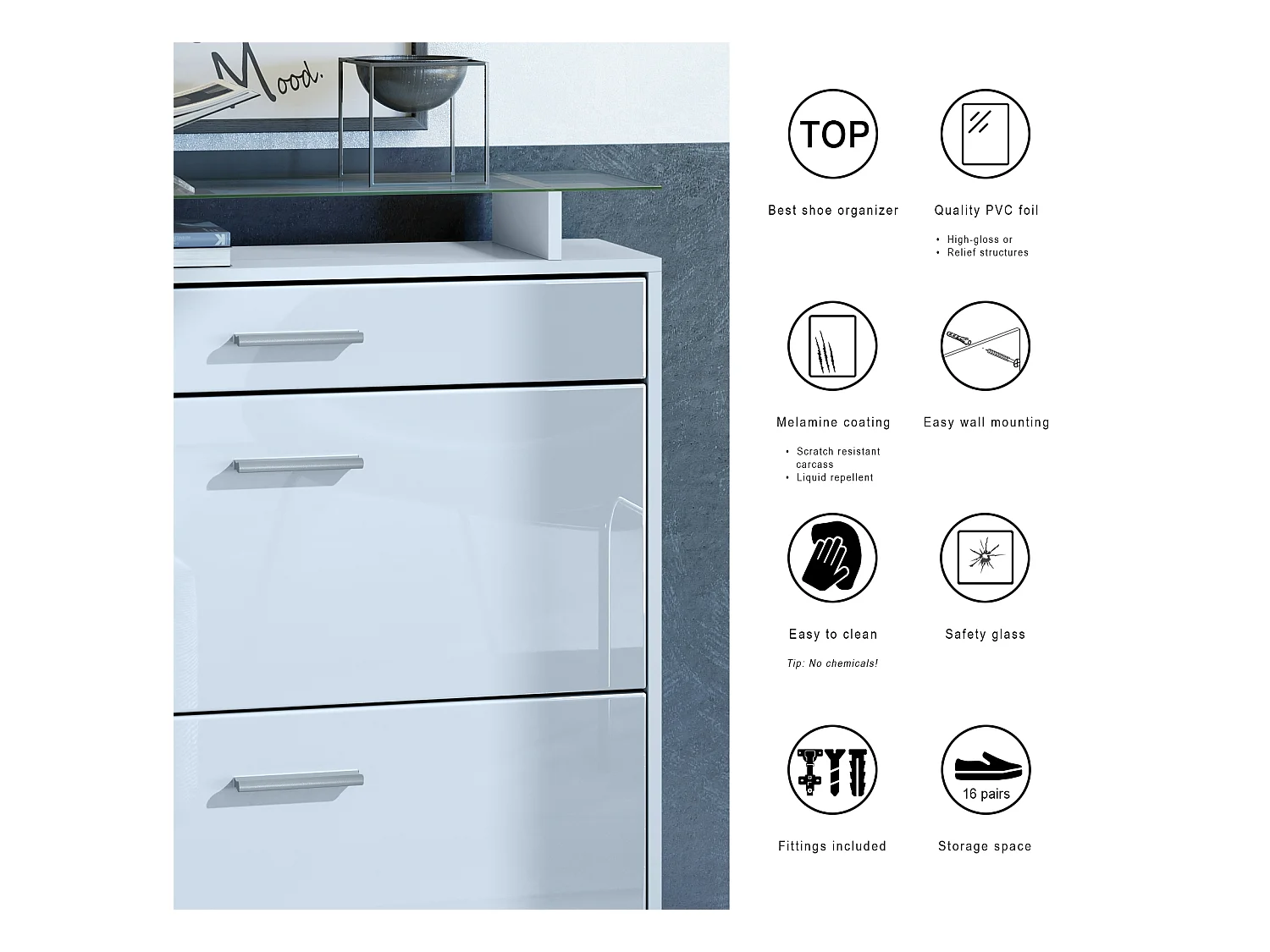 Meuble chaussures Malea, Armoire à chaussures murale pour 16 paires avec 2 clapets, 1 tiroir, Blanc mat/Noir brillant (89 x 96 x 23 cm)