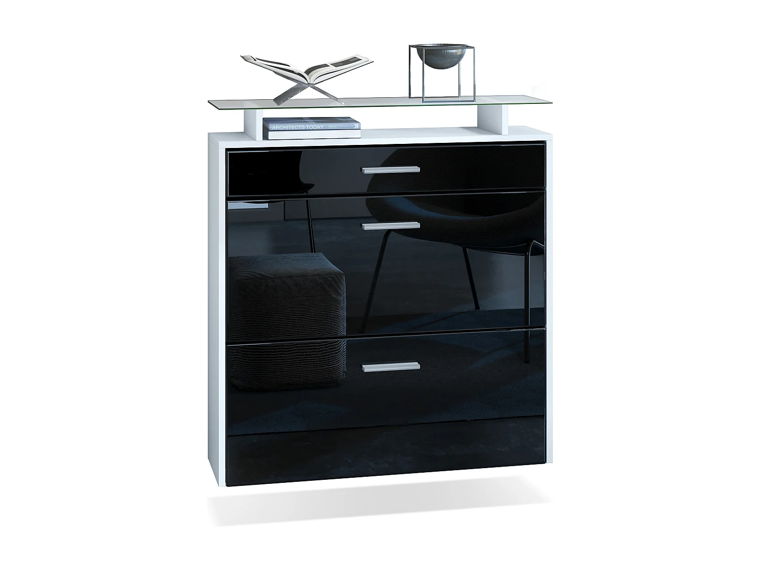 Meuble chaussures Malea, Armoire à chaussures murale pour 16 paires avec 2 clapets, 1 tiroir, Blanc mat/Noir brillant (89 x 96 x 23 cm)