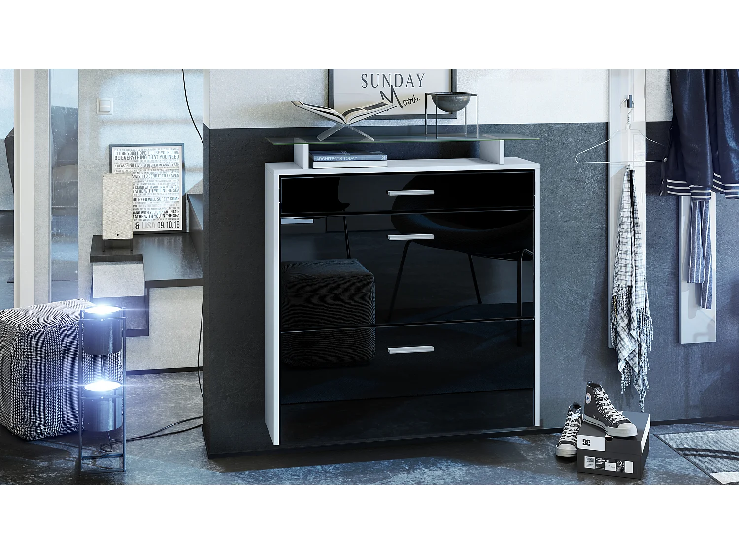 Meuble chaussures Malea, Armoire à chaussures murale pour 16 paires avec 2 clapets, 1 tiroir, Blanc mat/Noir brillant (89 x 96 x 23 cm)