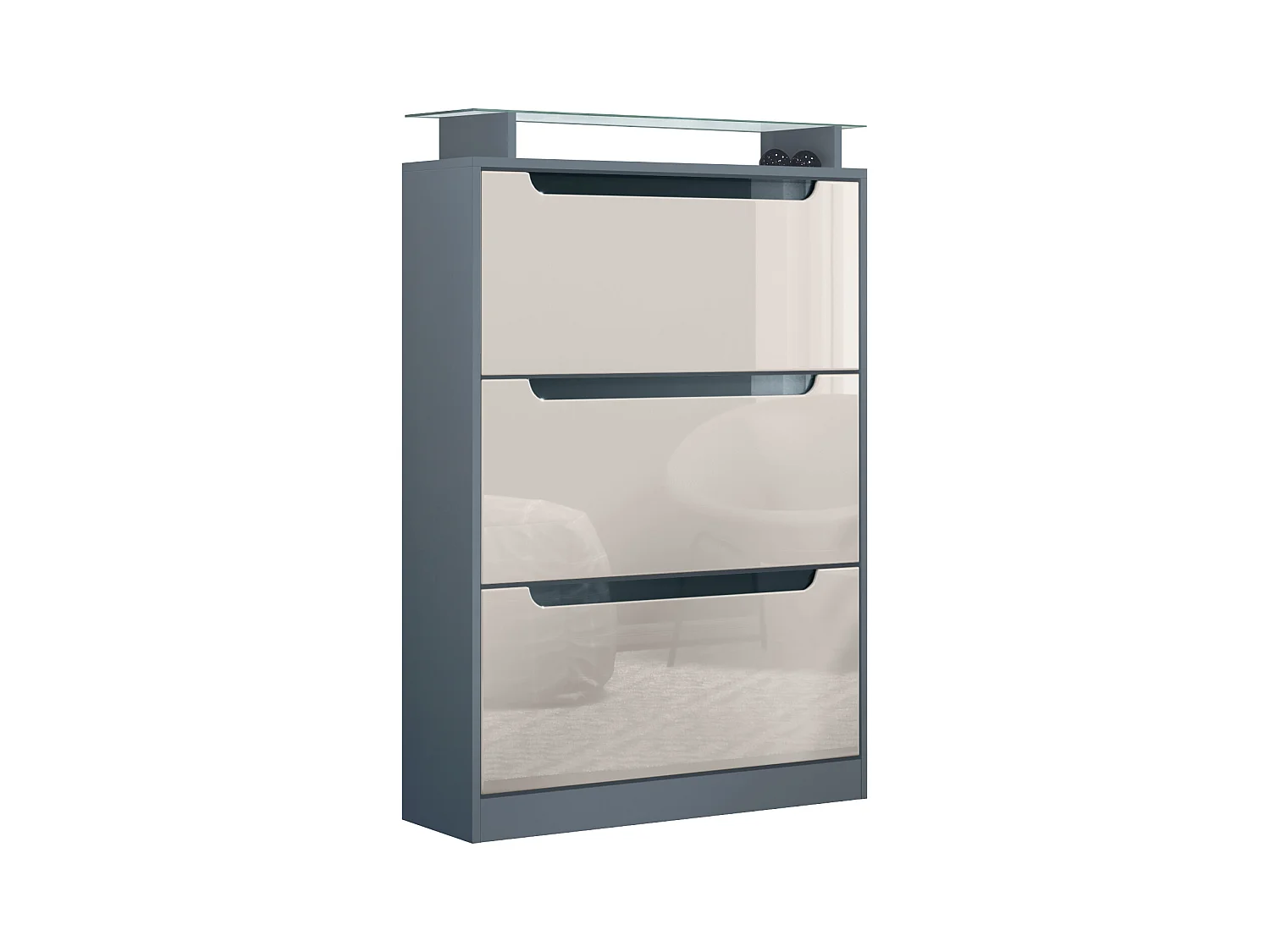 Meuble à chaussures Space, range-chaussures pour 24 paires avec 3 abattants et étagère en verre, anthracite mat/gris sable haute brillance (89 x 128 x 23 cm)