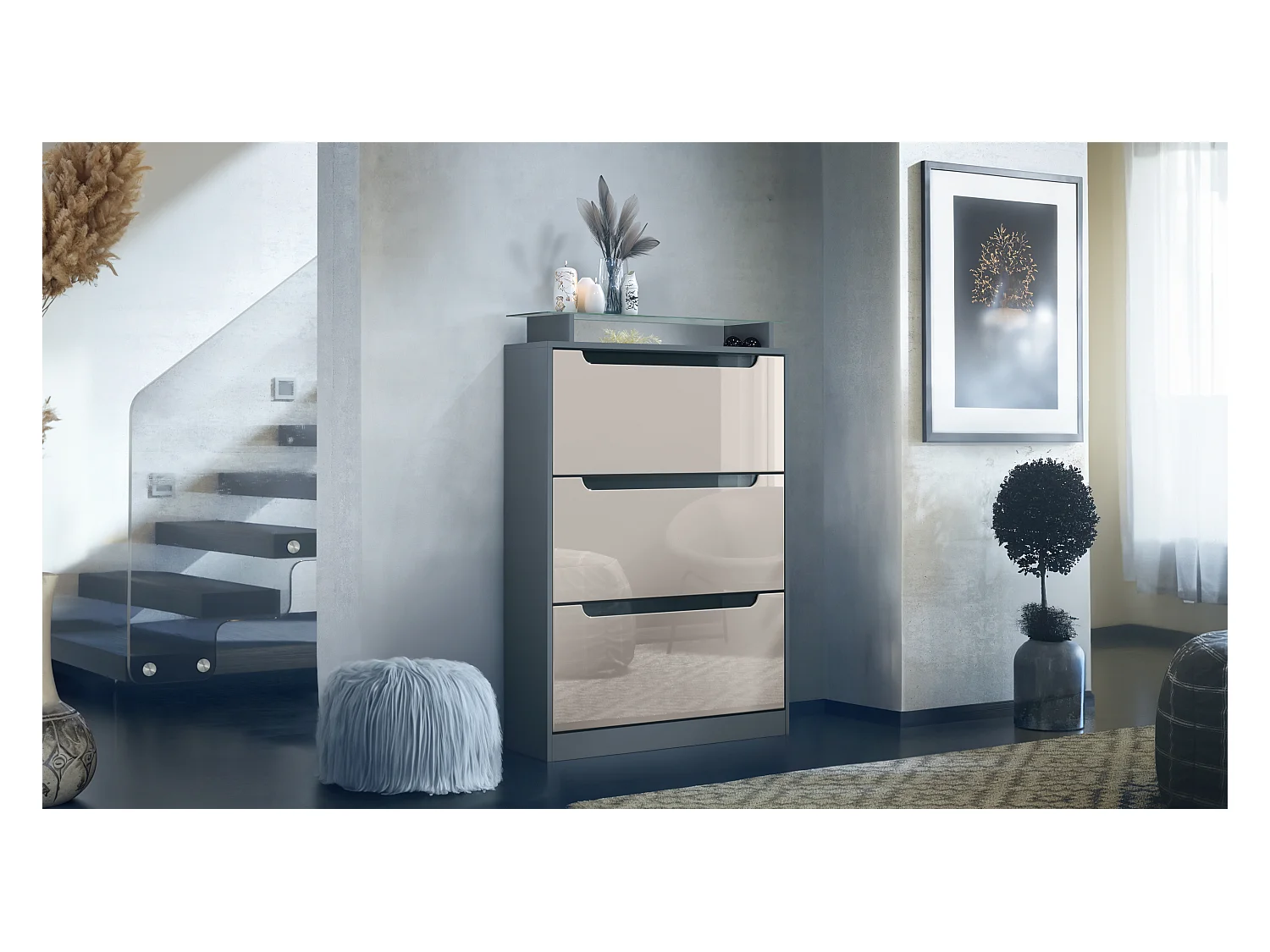 Meuble à chaussures Space, range-chaussures pour 24 paires avec 3 abattants et étagère en verre, anthracite mat/gris sable haute brillance (89 x 128 x 23 cm)