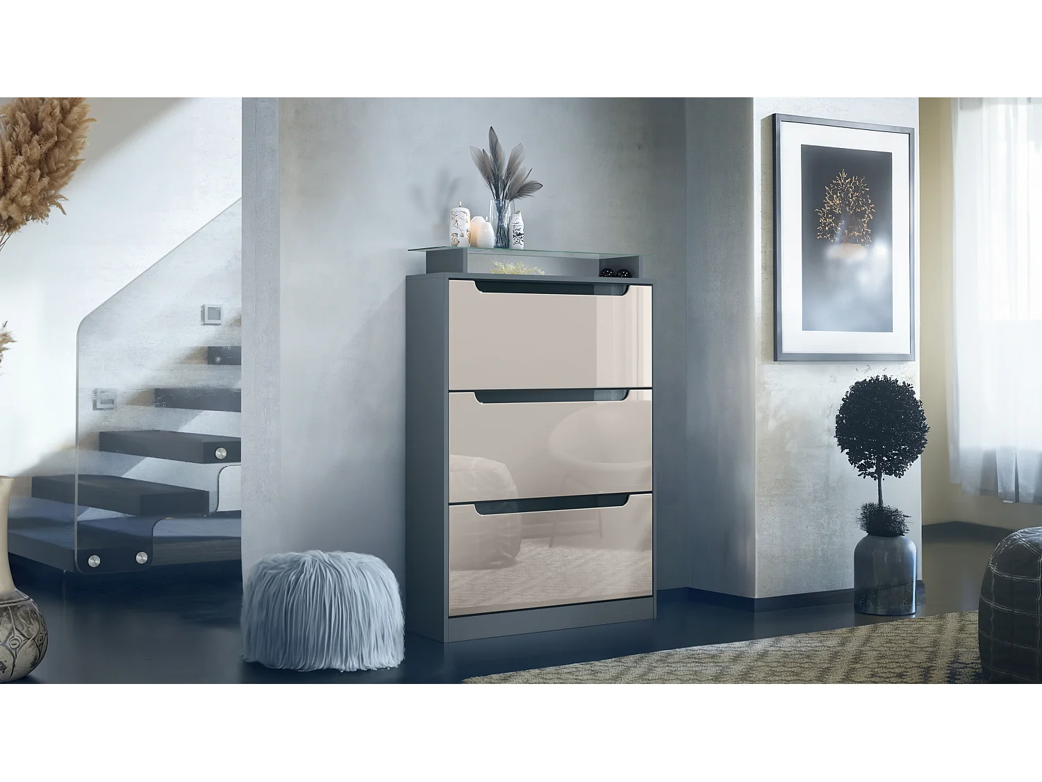 Scarpiera Space, portascarpe per 24 paia con 3 ribalte e ripiano in vetro, antracite opaco/grigio sabbia lucido (89 x 128 x 23 cm)