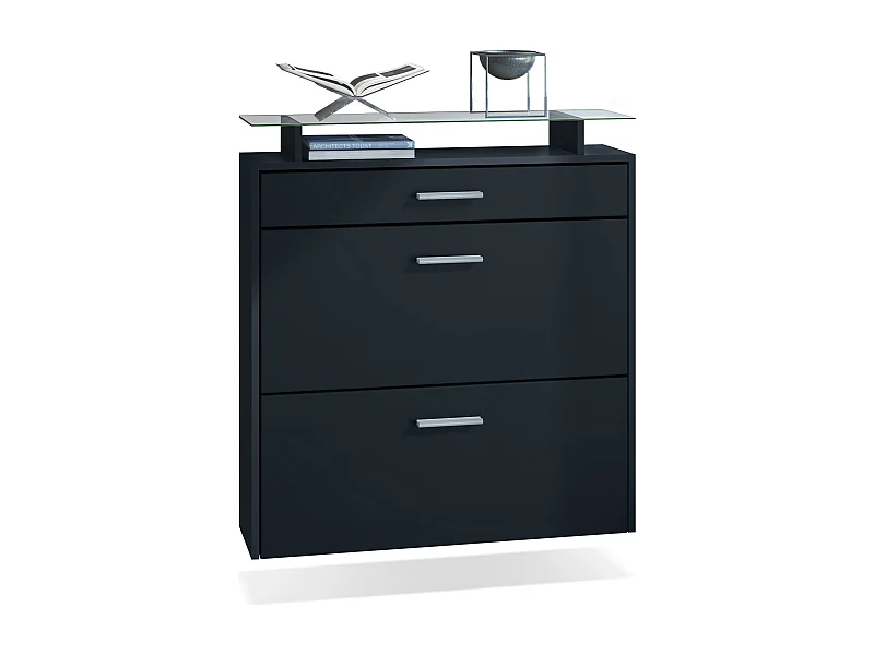 Vladon Zapatero Malea, Zapatero Colgante para 16 pares de zapatos con 2 Puertas abatibles y 1 Cajón y Estante de cristal, Negro mate/Negro mate (89 x 96 x 23 cm)