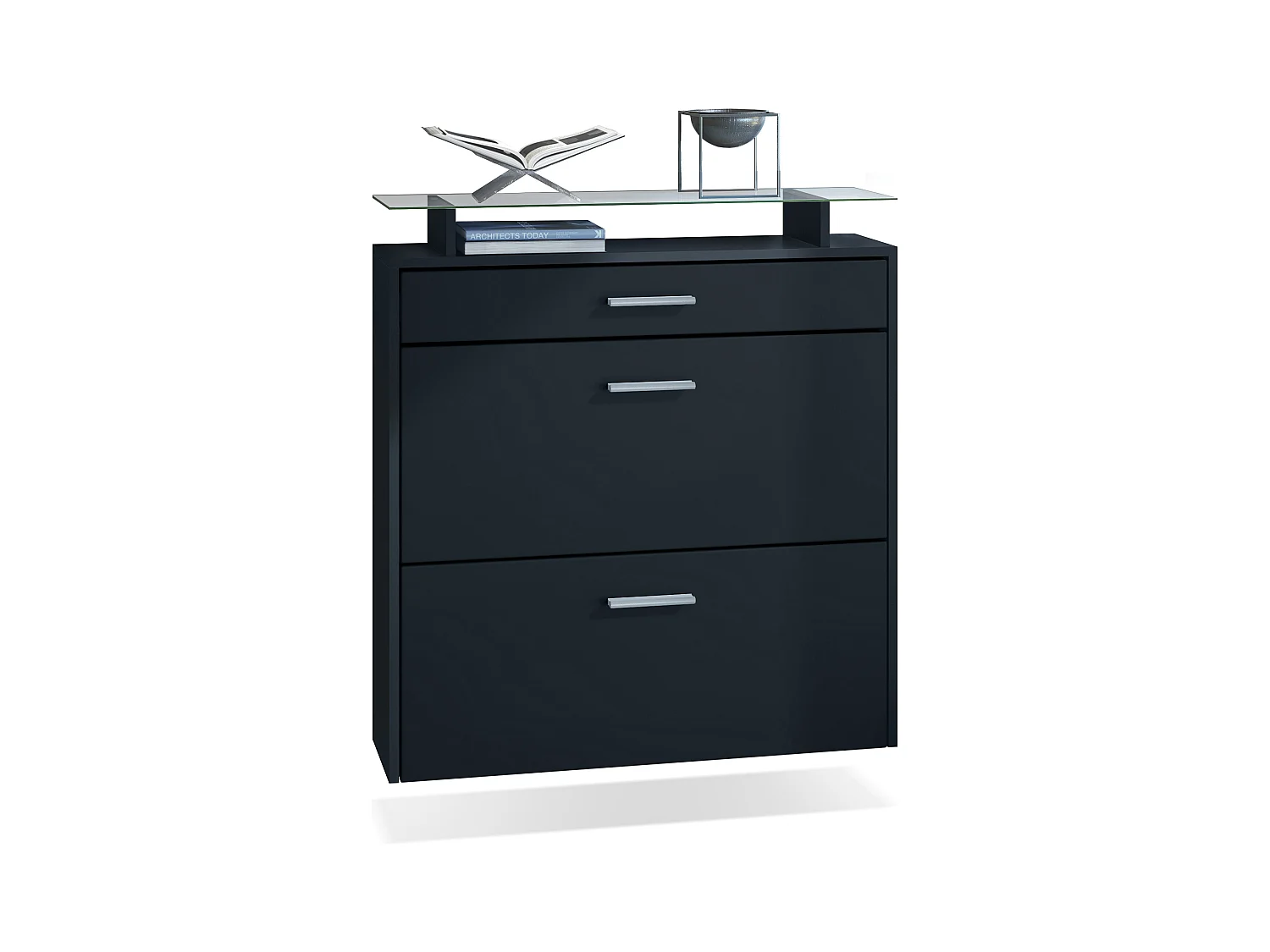 Meuble chaussures Malea, Armoire à chaussures murale pour 16 paires avec 2 clapets, 1 tiroir et 1 tablette en verre, Noir mat/Noir mat (89 x 96 x 23 cm)