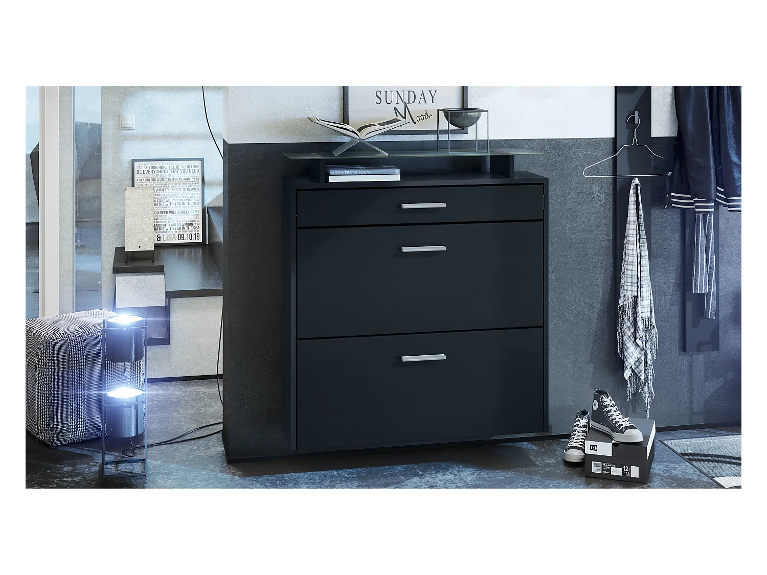 Meuble chaussures Malea, Armoire à chaussures murale pour 16 paires avec 2 clapets, 1 tiroir et 1 tablette en verre, Noir mat/Noir mat (89 x 96 x 23 cm)