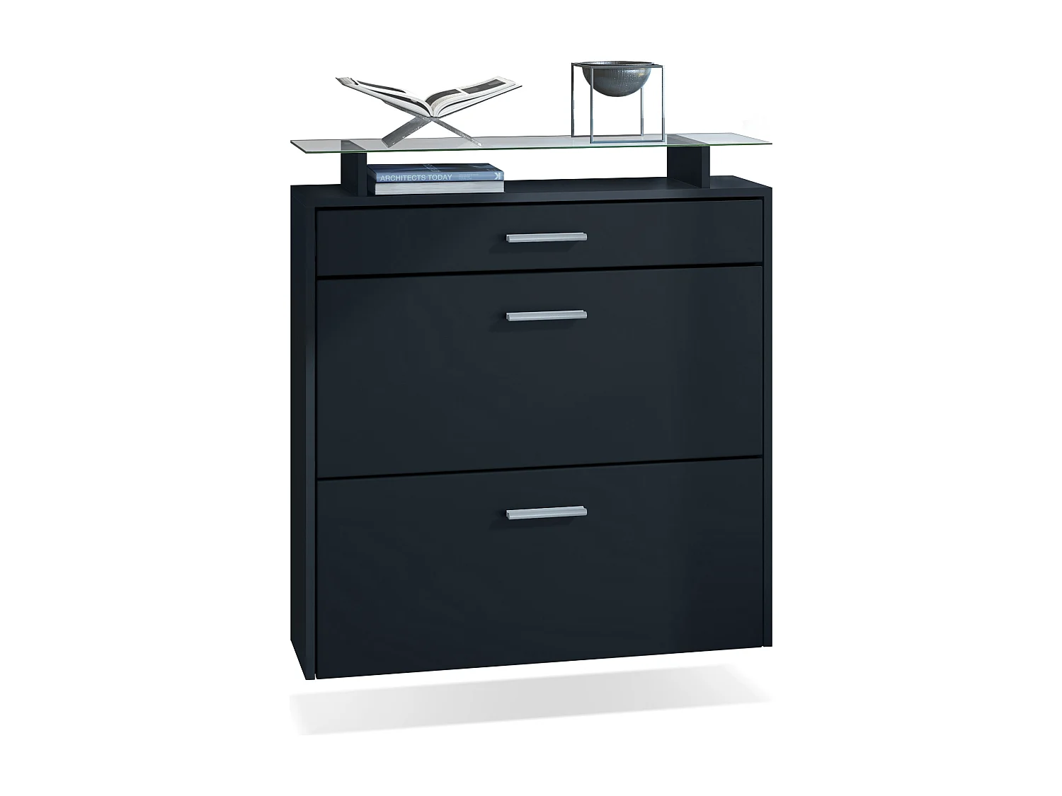 Malea, scarpiera a muro per 16 paia di scarpe con 2 ante a ribalta e 1 cassetto e ripiano in vetro, nero opaco/nero opaco (89 x 96 x 23 cm)