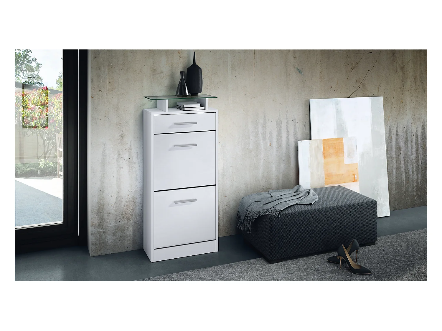 Meuble chaussure Loret V2, Étagère à chaussures pour 8 paires de chaussures avec 2 clapets, 1 tiroir, Blanc mat/Blanc mat (46 x 104 x 23 cm)