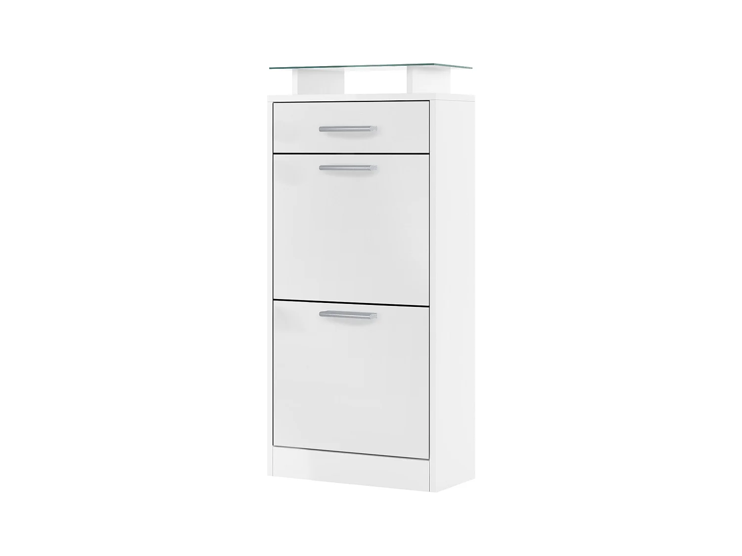 Meuble chaussure Loret V2, Étagère à chaussures pour 8 paires de chaussures avec 2 clapets, 1 tiroir, Blanc mat/Blanc mat (46 x 104 x 23 cm)