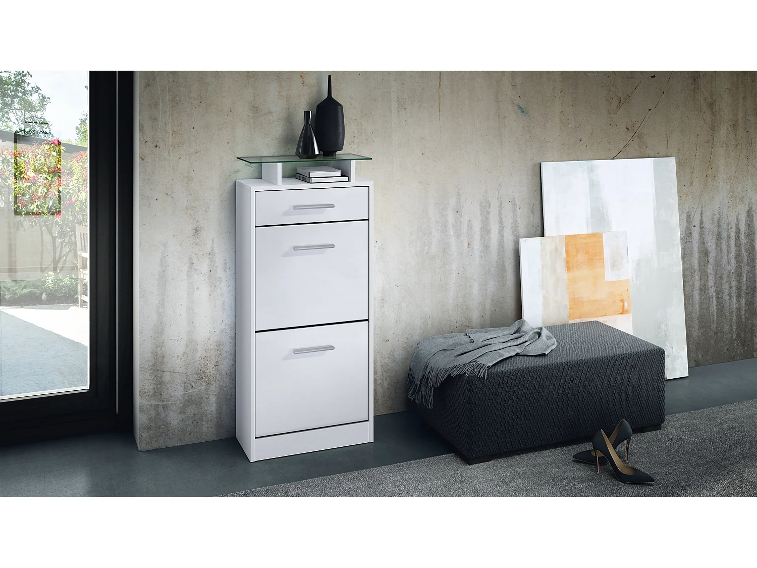 Meuble chaussure Loret V2, Étagère à chaussures pour 8 paires de chaussures avec 2 clapets, 1 tiroir, Blanc mat/Blanc mat (46 x 104 x 23 cm)