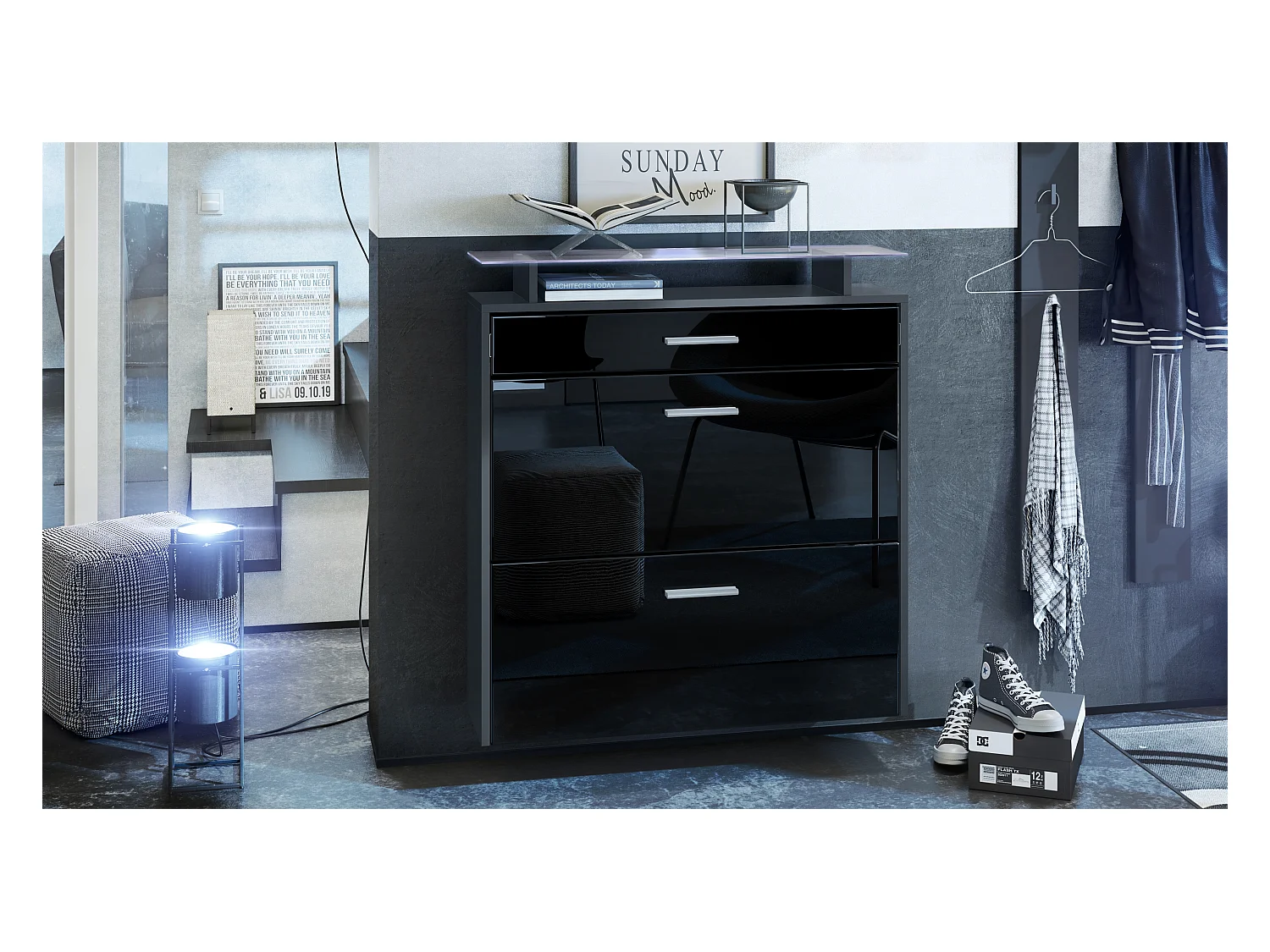 Armoire à chaussures Malea de , anthracite mat/noir brillant y compris LED - basculeur à chaussures suspendu pour 16 paires de chaussures (89 x 96 x 23 cm)