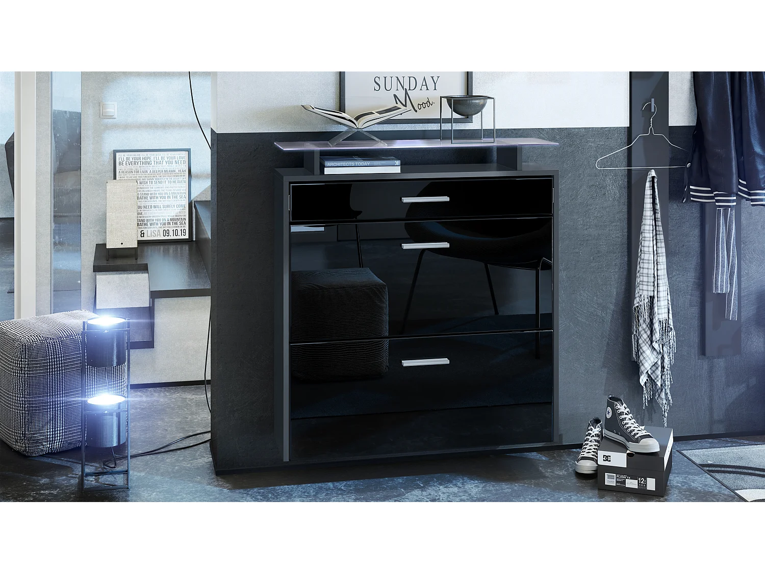 Scarpiera Vladon Malea, antracite opaco /nero lucido incl. LED - carrello appeso per 16 paia di scarpe (89 x 96 x 23 cm)