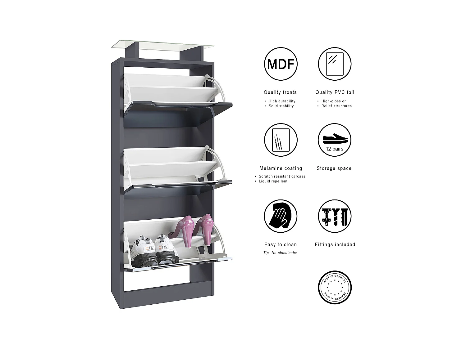 Meuble à chaussures Space V2, Range-chaussures pour 12 paires de chaussures avec 3 abattants, anthracite mat/gris sable brillant (46x128x23 cm)