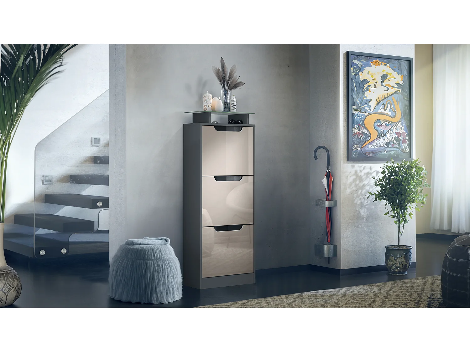 Vladon Scarpiera Space V2, Scarpiera per 12 paia di scarpe con 3 ribalte e ripiano in vetro, antracite opaco /grigio sabbia lucido (46 x 128 x 23 cm)