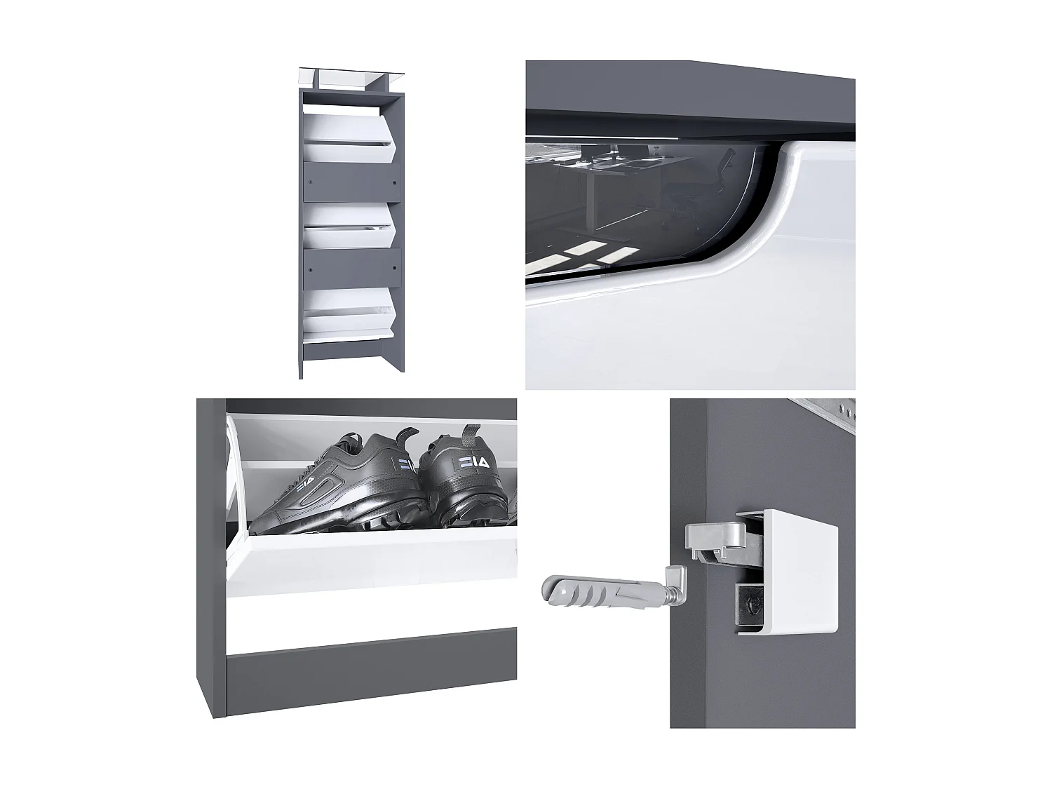 Vladon Scarpiera Space V2, Scarpiera per 12 paia di scarpe con 3 ribalte e ripiano in vetro, antracite opaco /grigio sabbia lucido (46 x 128 x 23 cm)