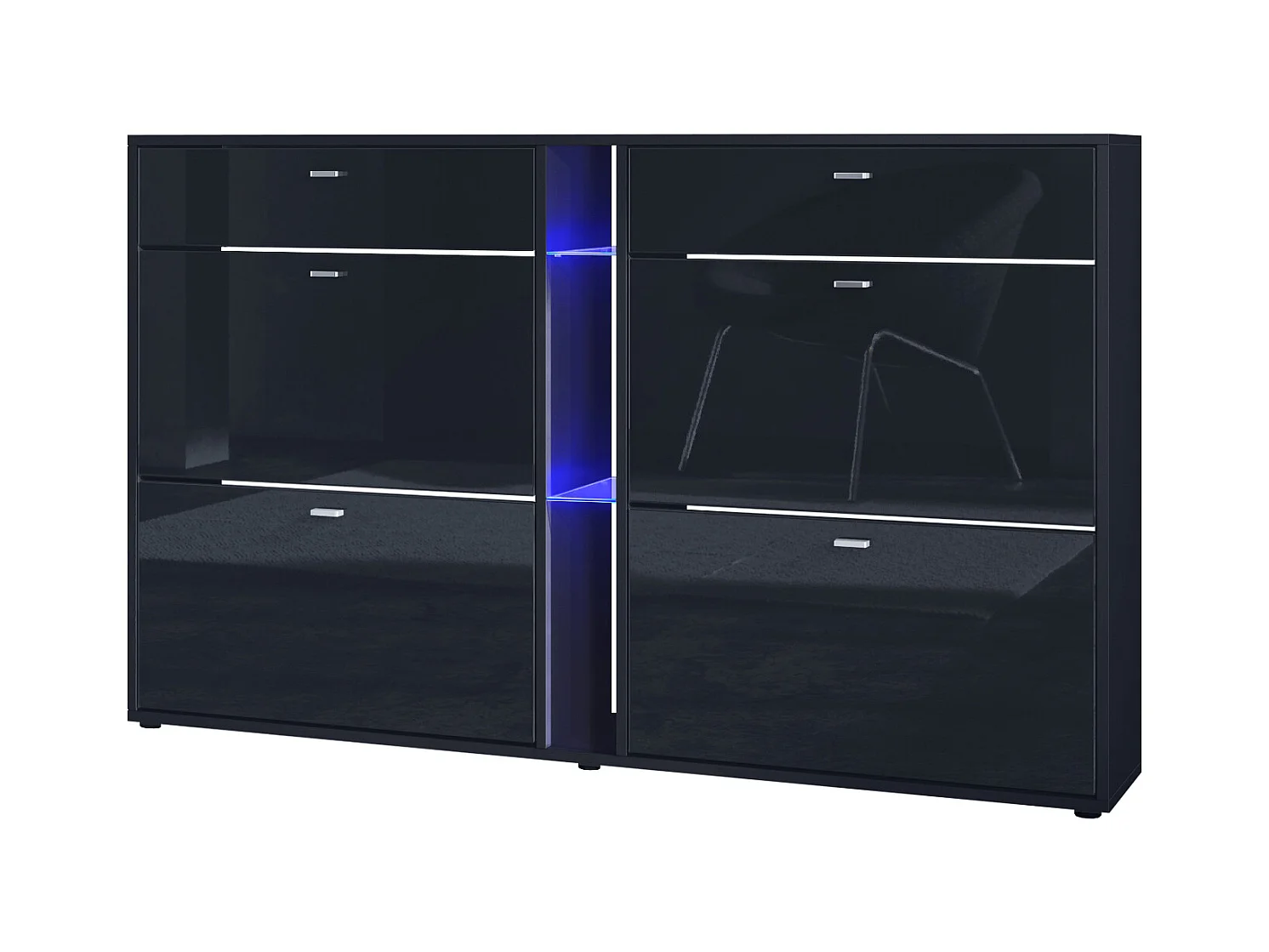 Meuble à chaussures à bascule Today 155,5 x 95 x 28 cm, avec un éclairage LED bleu, corps en Noir mat, façades en noir haute brillance