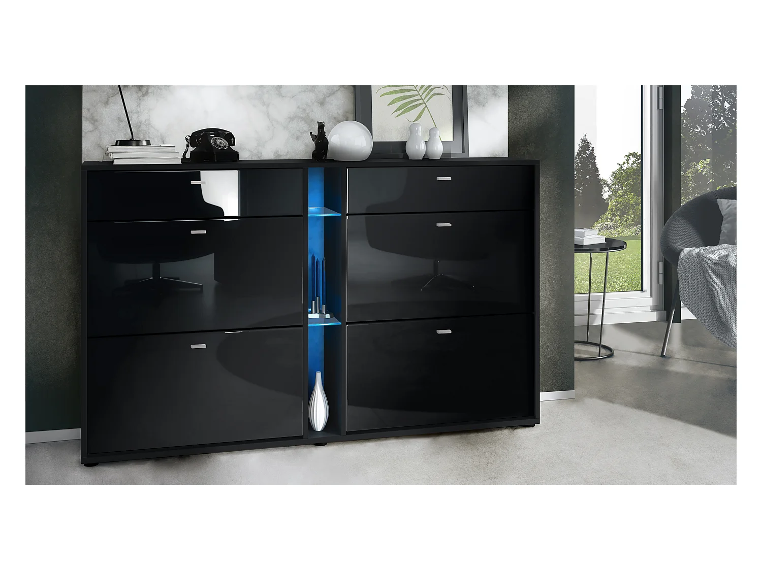 Meuble à chaussures à bascule Today 155,5 x 95 x 28 cm, avec un éclairage LED bleu, corps en Noir mat, façades en noir haute brillance