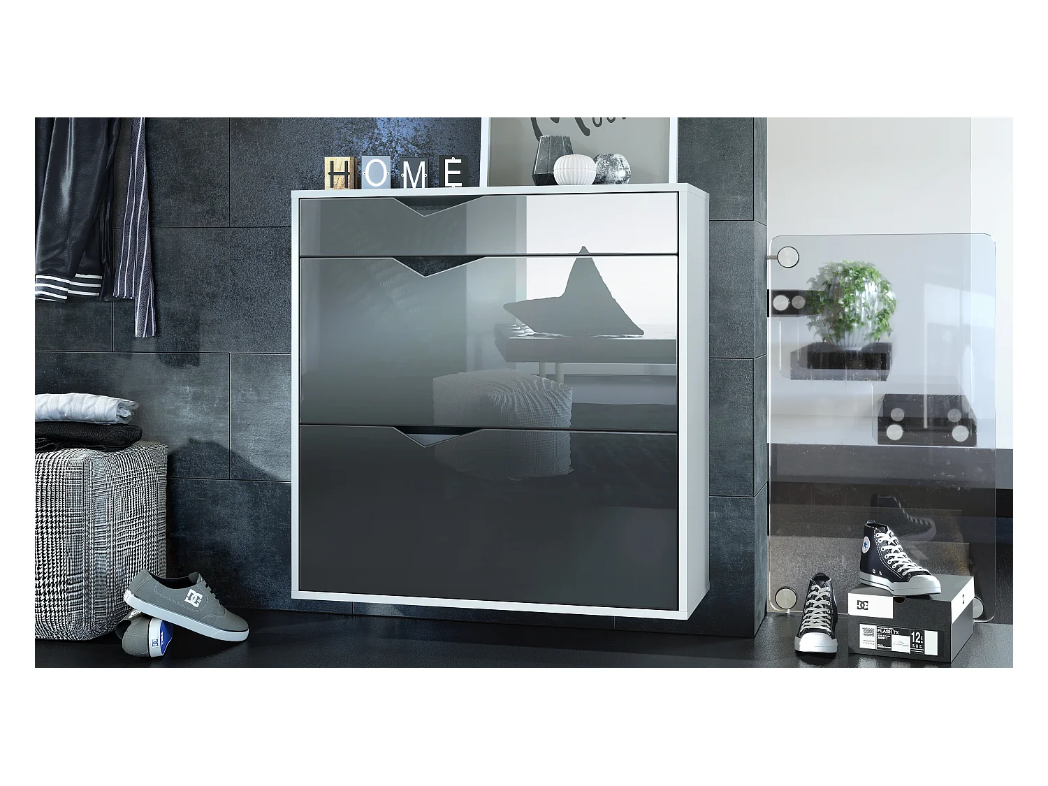 Armoire à chaussures Kolmio 85 x 87 x 33 cm, corps en blanc mat, façades en Gris haute brillance | Grand choix de couleurs